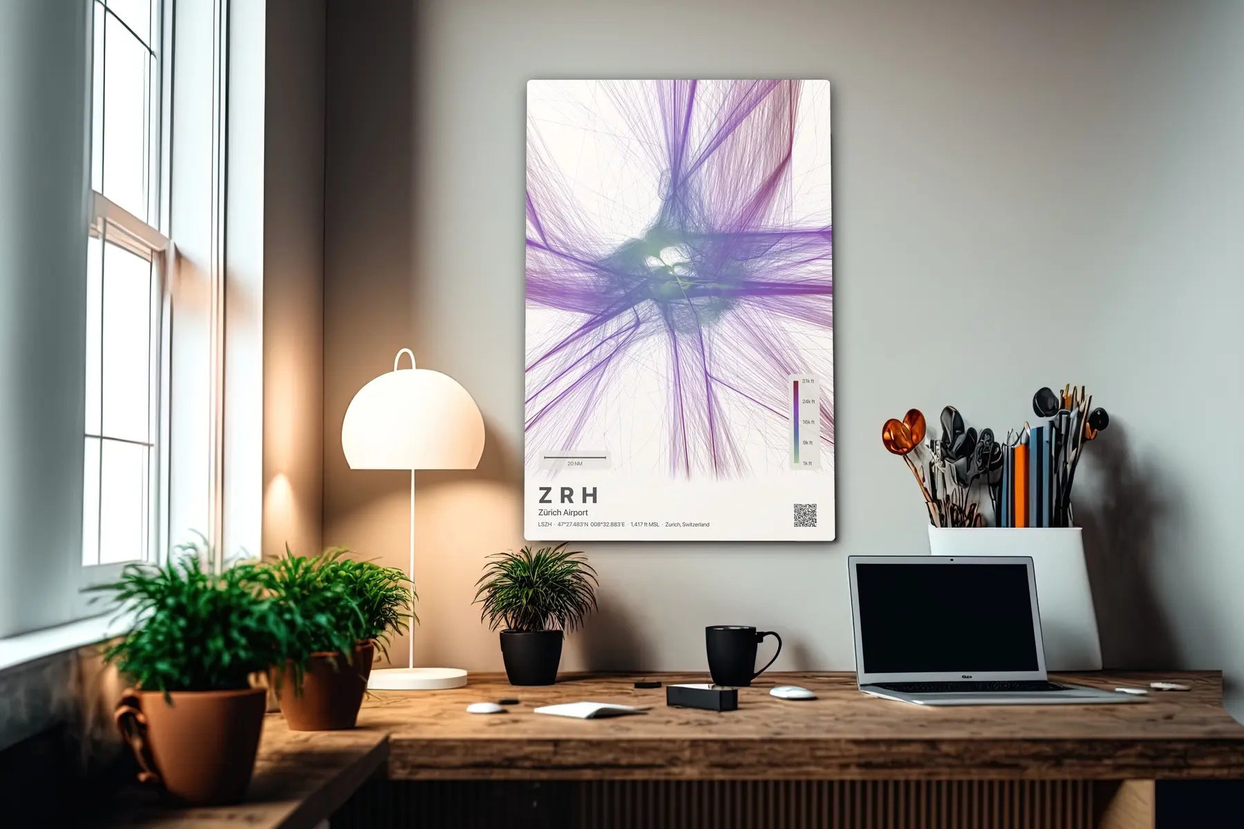 ZRH flight path print — Prism theme · Light in office setting [hotspot:55]