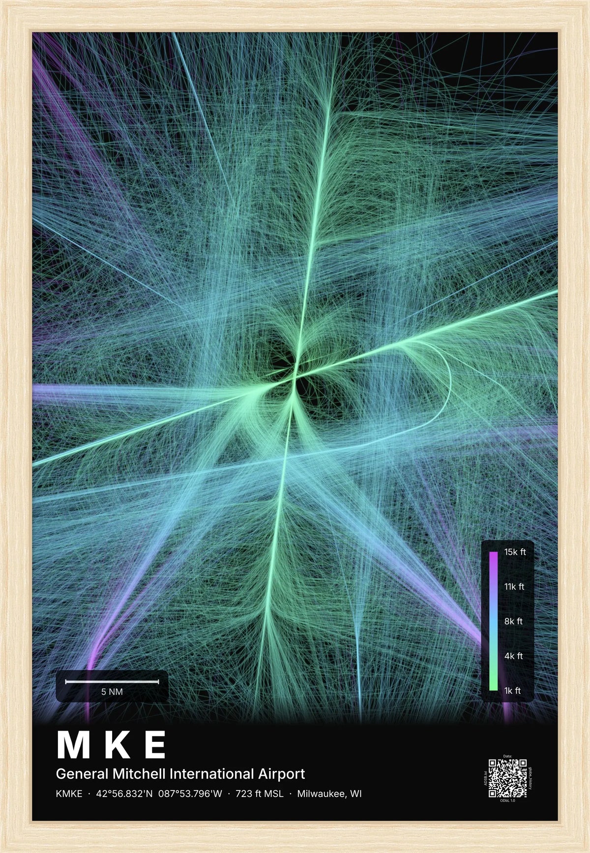 MKE flight path print — Prism theme · Dark [material:framed_natural]