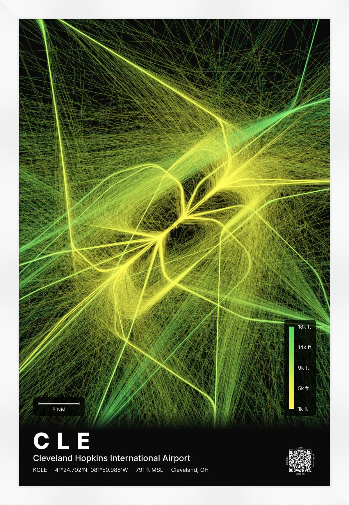 CLE flight path print — Citrus theme · Dark [material:framed_white]