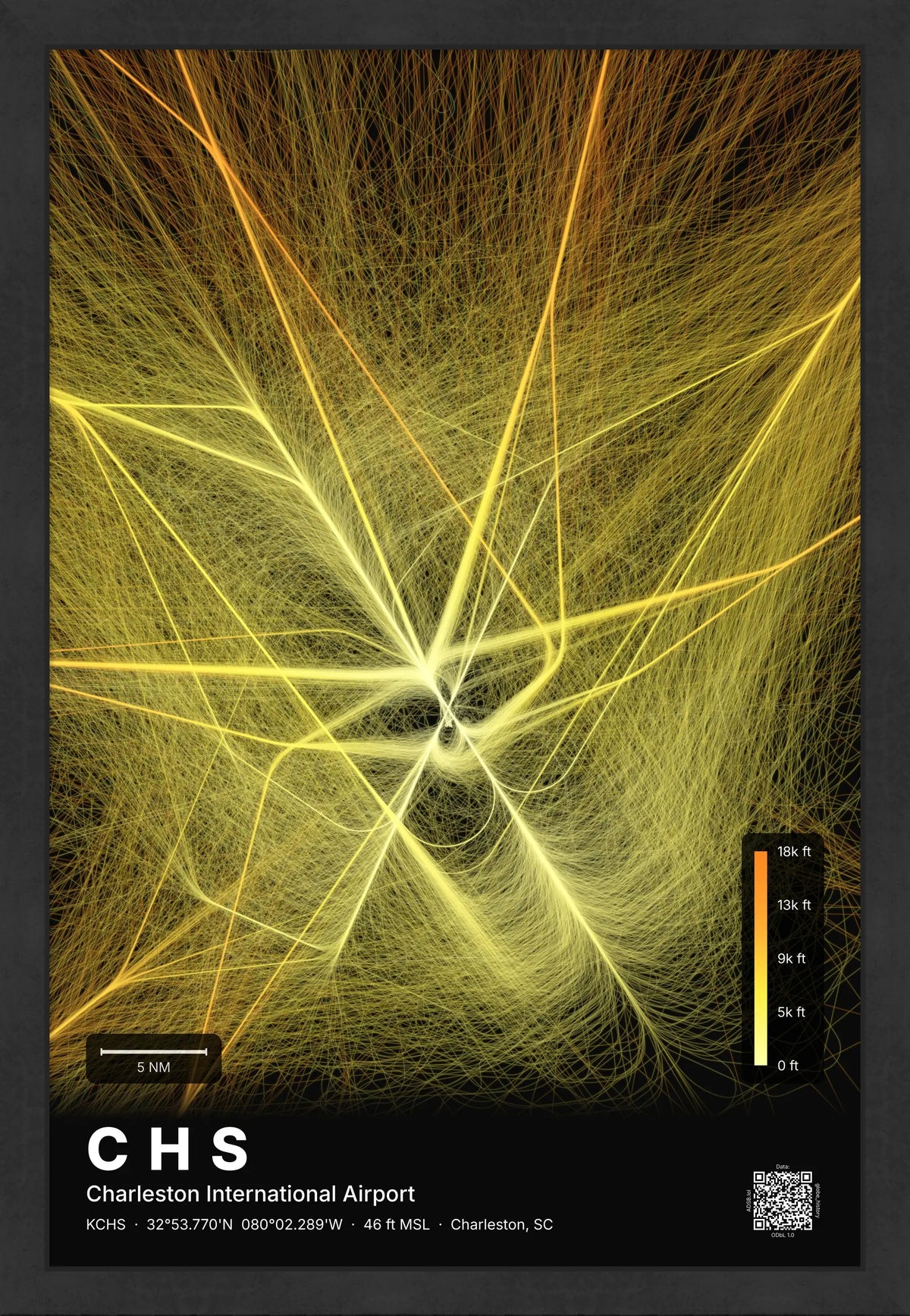 CHS flight path print — Solana theme · Dark [material:framed_black]