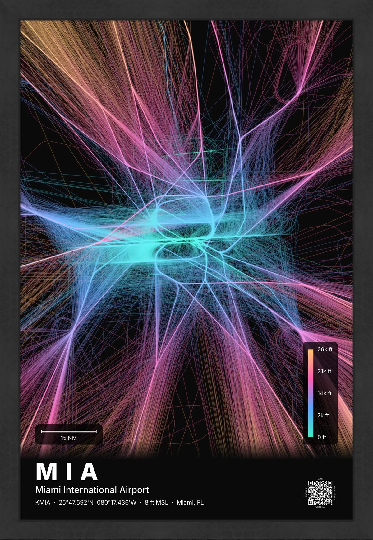 MIA flight path print — Aurora theme · Dark [material:framed_black]