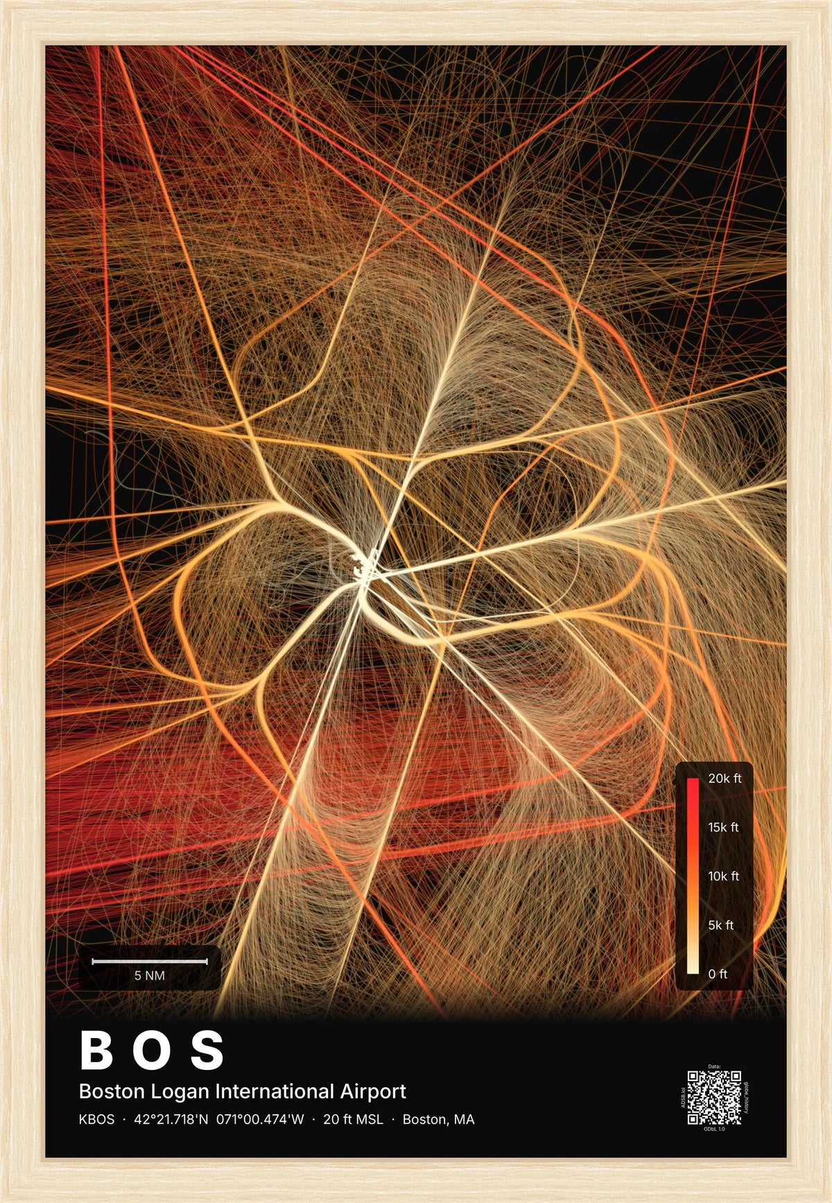 BOS flight path print — Inferno theme · Dark [material:framed_natural]