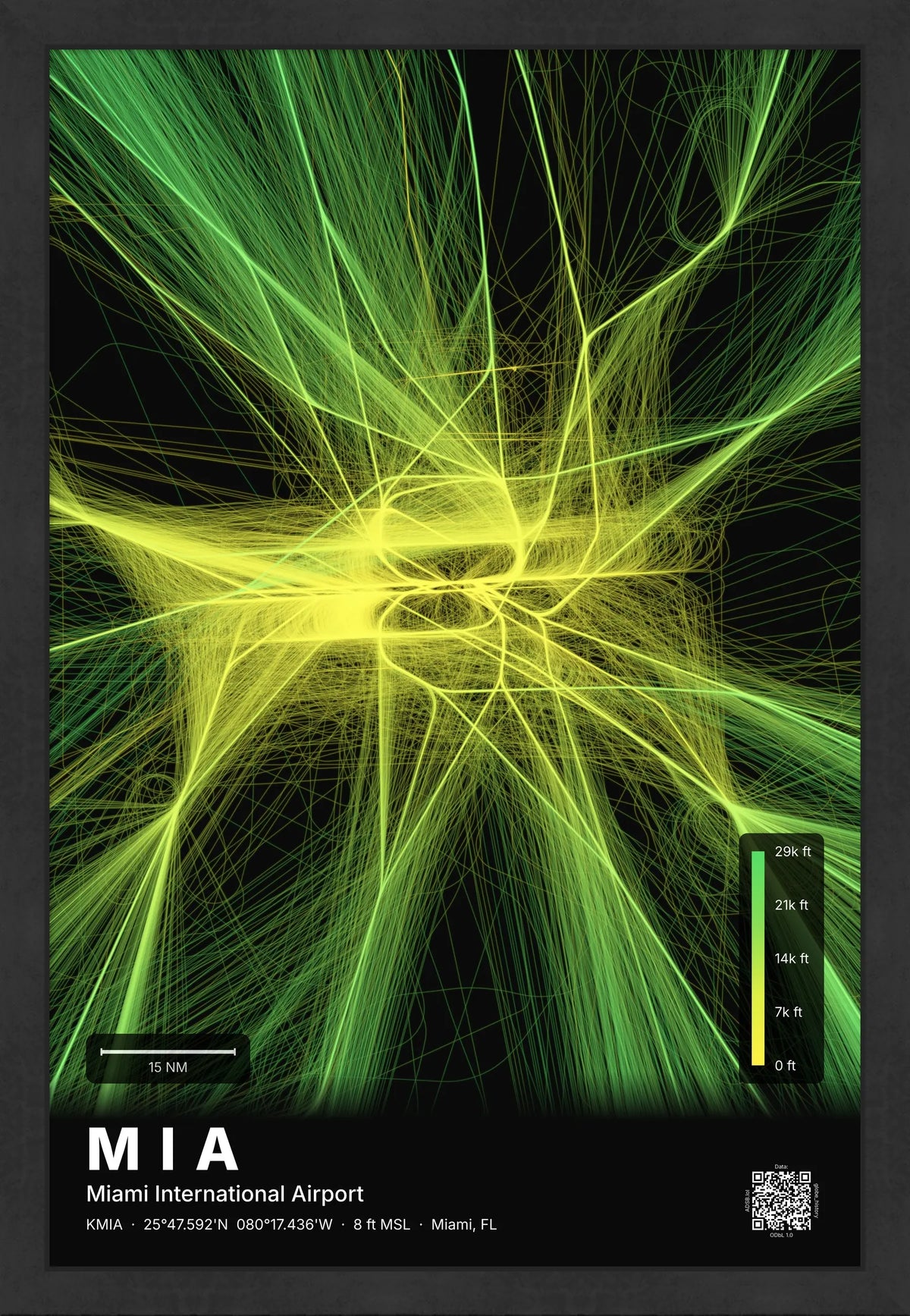 MIA flight path print — Citrus theme · Dark [material:framed_black]
