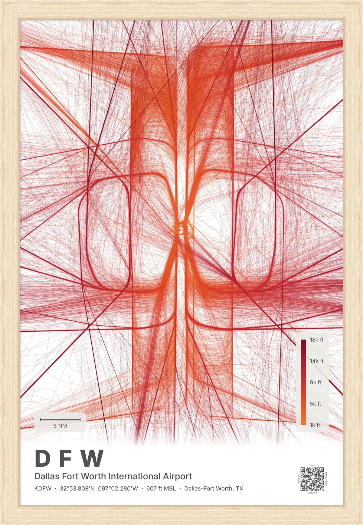 DFW flight path map — Inferno theme · Light [material:framed_natural]