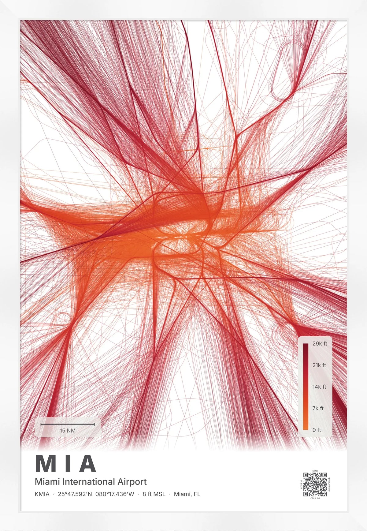 MIA flight path print — Inferno theme · Light [material:framed_white]