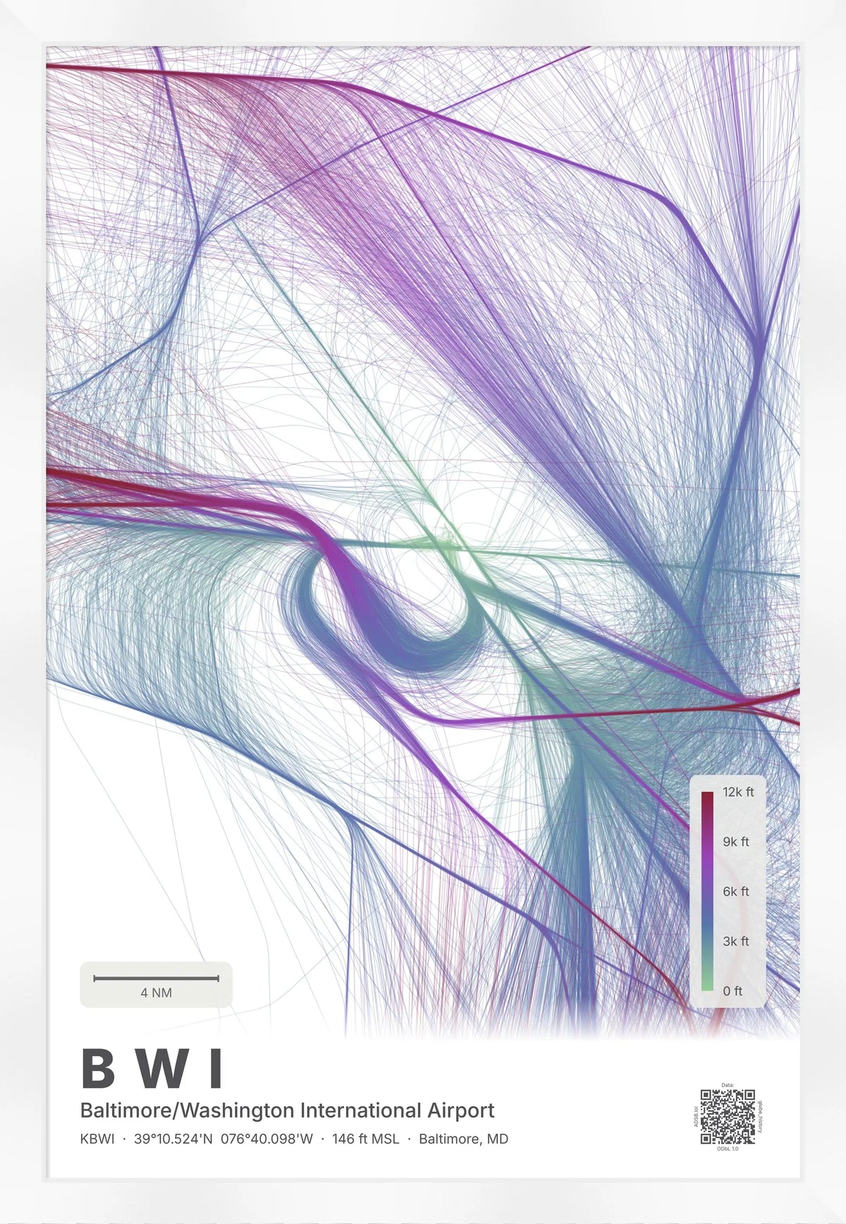 BWI flight path print — Prism theme · Light [material:framed_white]