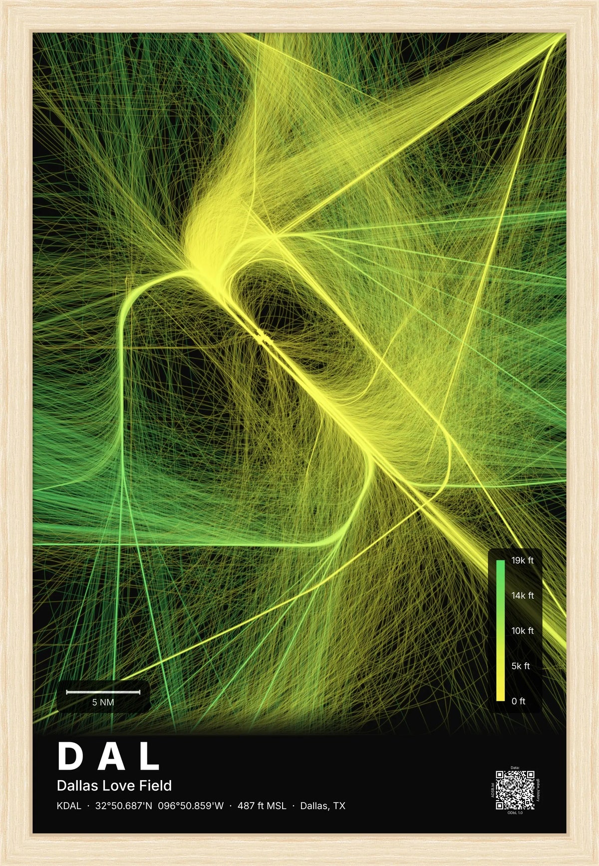 DAL flight path print — Citrus theme · Dark [material:framed_natural]