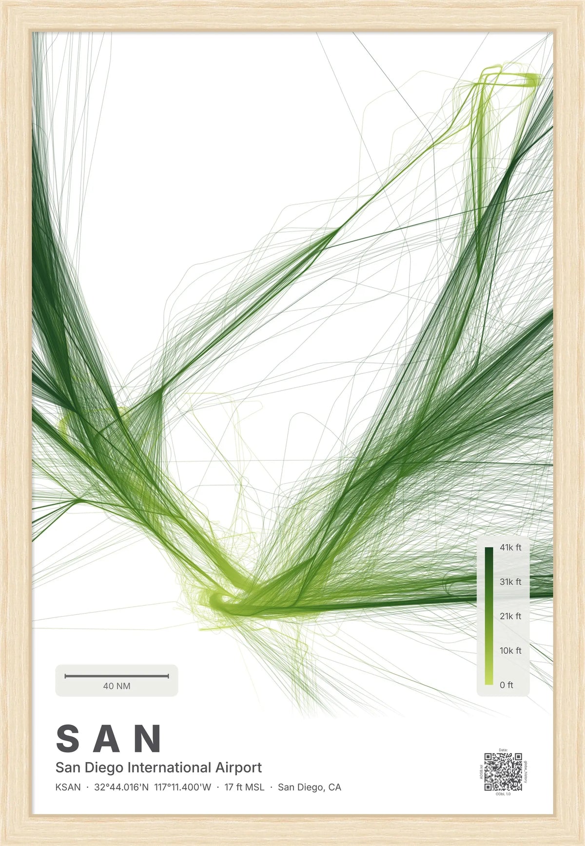SAN flight path print — Citrus theme · Light [material:framed_natural]