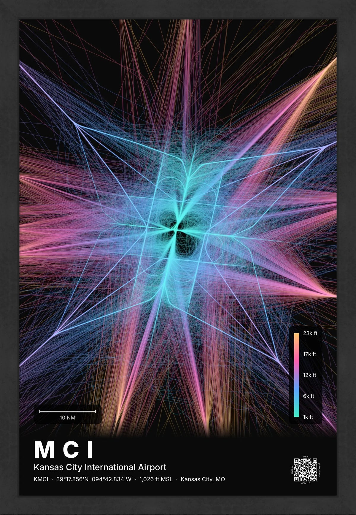 MCI flight path print — Aurora theme · Dark [material:framed_black]