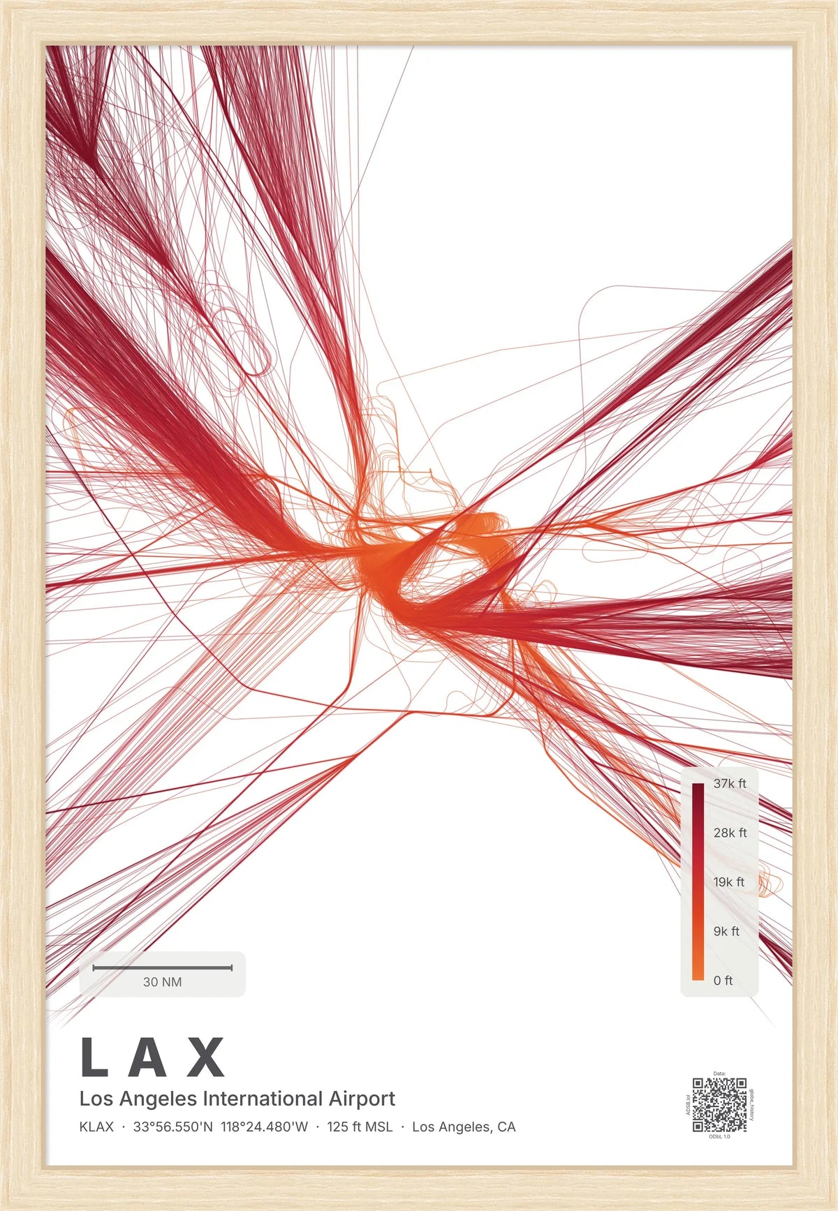 LAX flight path print — Inferno theme · Light [material:framed_natural]