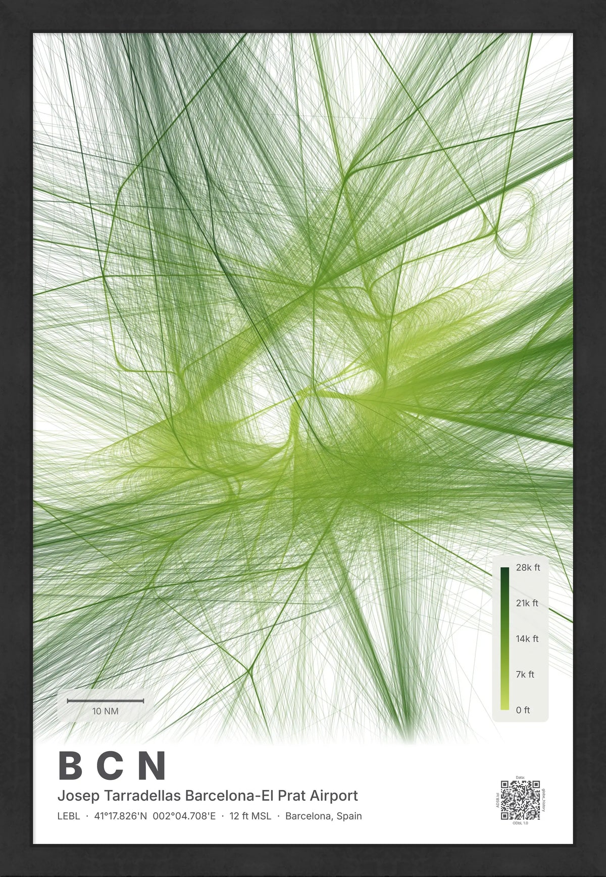 BCN flight path map — Citrus theme · Light [material:framed_black]