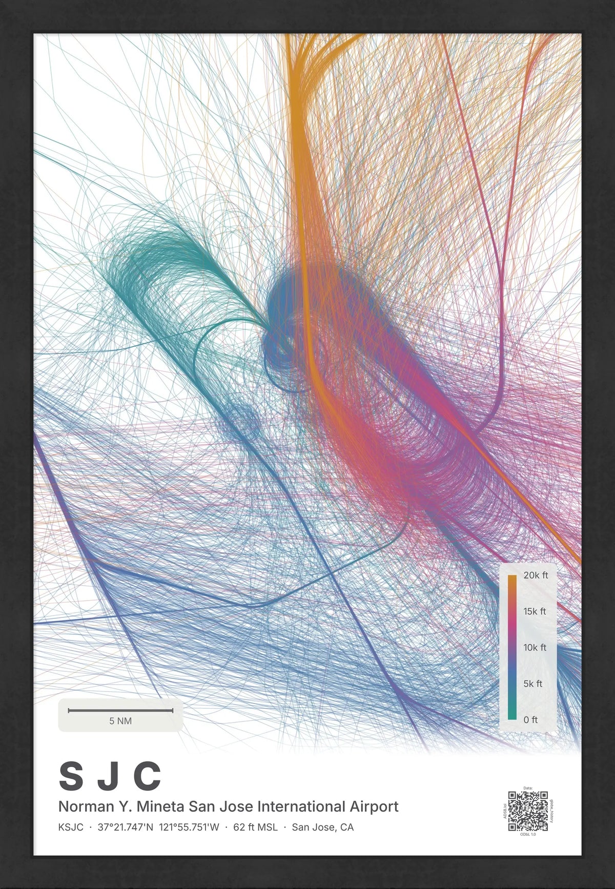 SJC flight path map — Aurora theme · Light [material:framed_black]