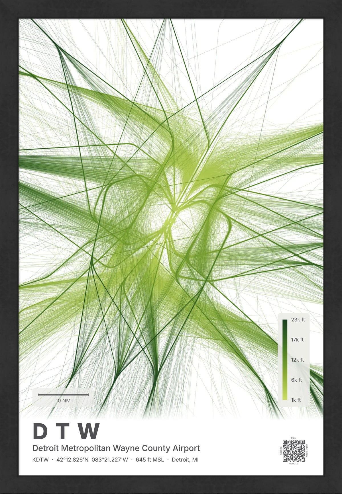 DTW flight path map — Citrus theme · Light [material:framed_black]