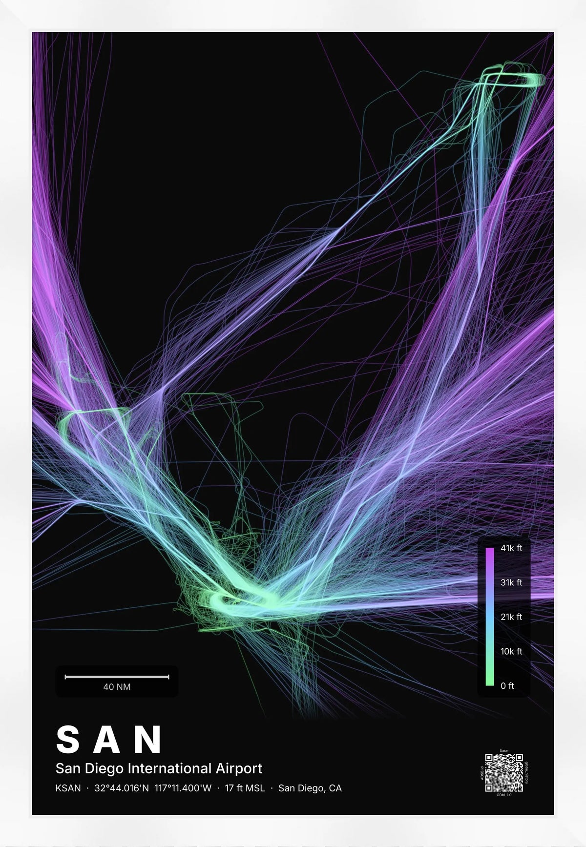 SAN flight path print — Prism theme · Dark [material:framed_white]