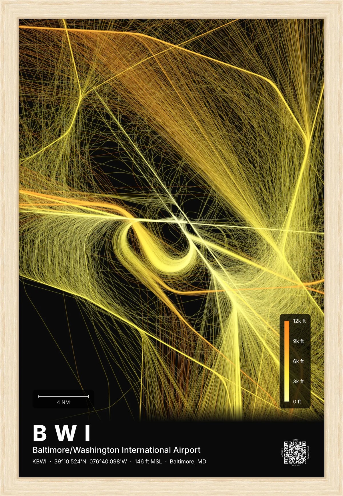 BWI flight path print — Solana theme · Dark [material:framed_natural]