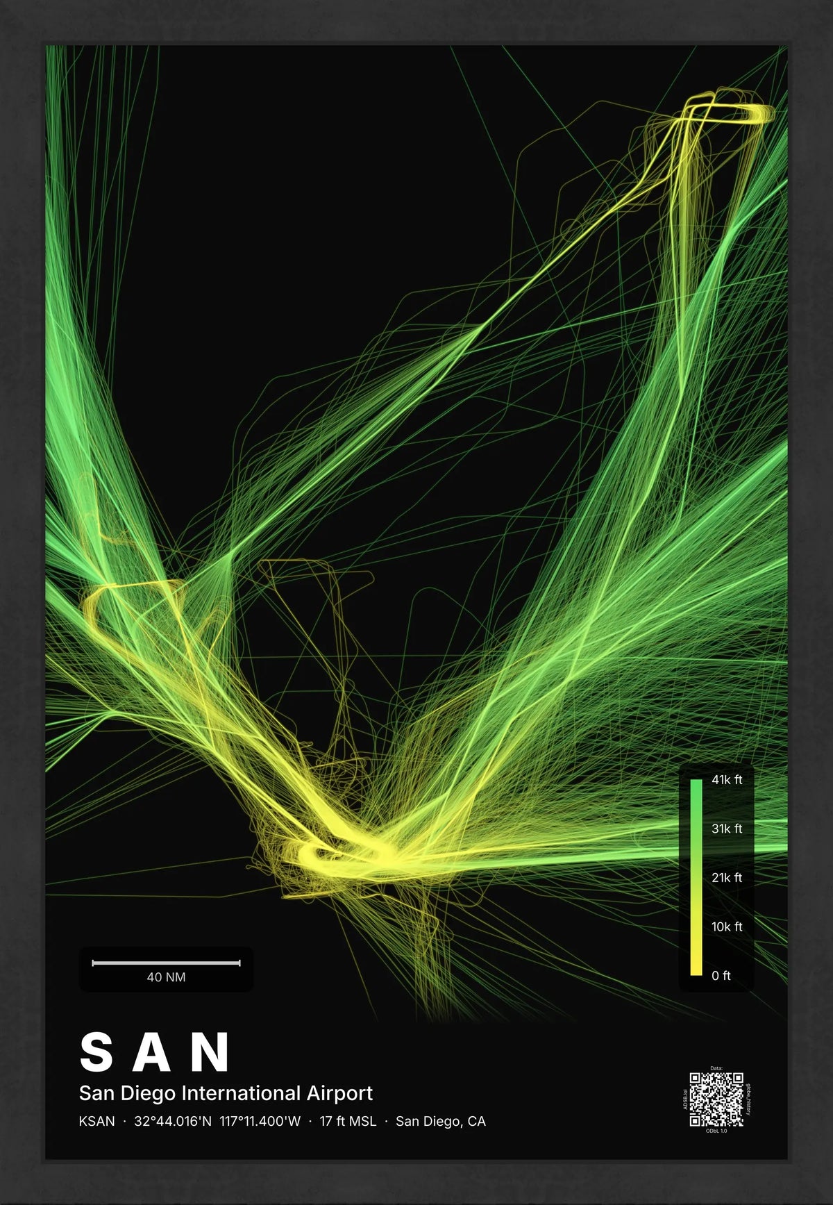 SAN flight path print — Citrus theme · Dark [material:framed_black]