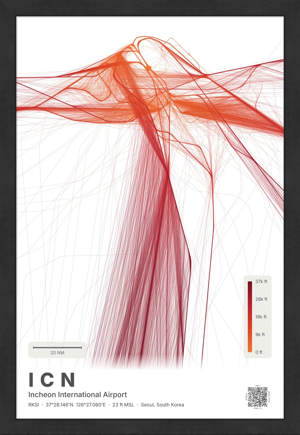 ICN flight path map — Inferno theme · Light [material:framed_black]