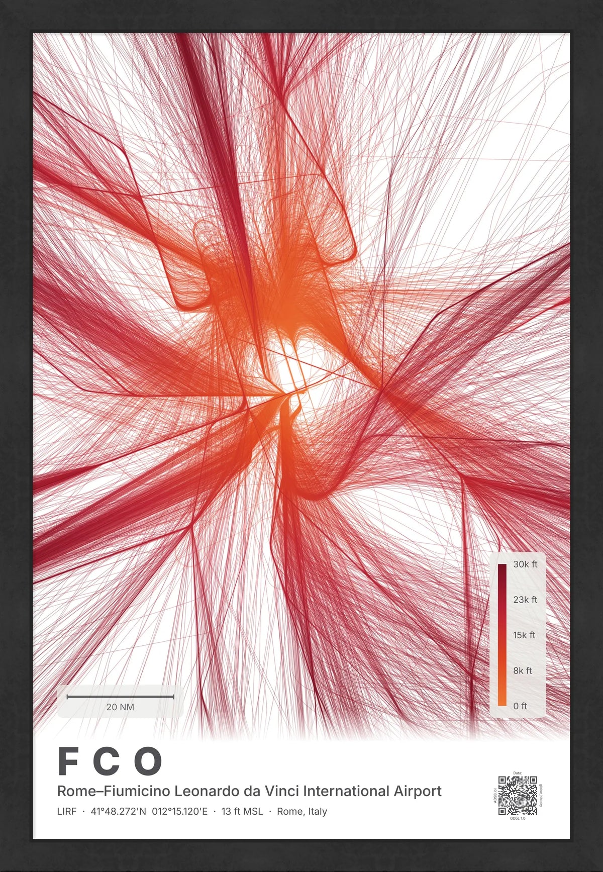 FCO flight path print — Inferno theme · Light [material:framed_black]