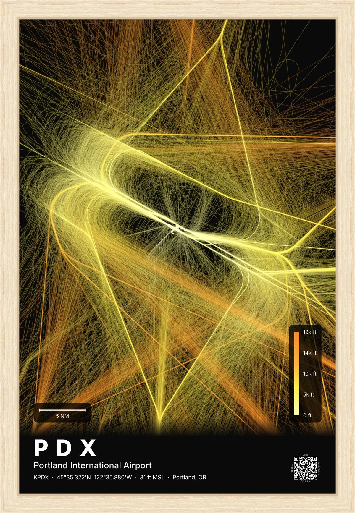 PDX flight path print — Solana theme · Dark [material:framed_natural]