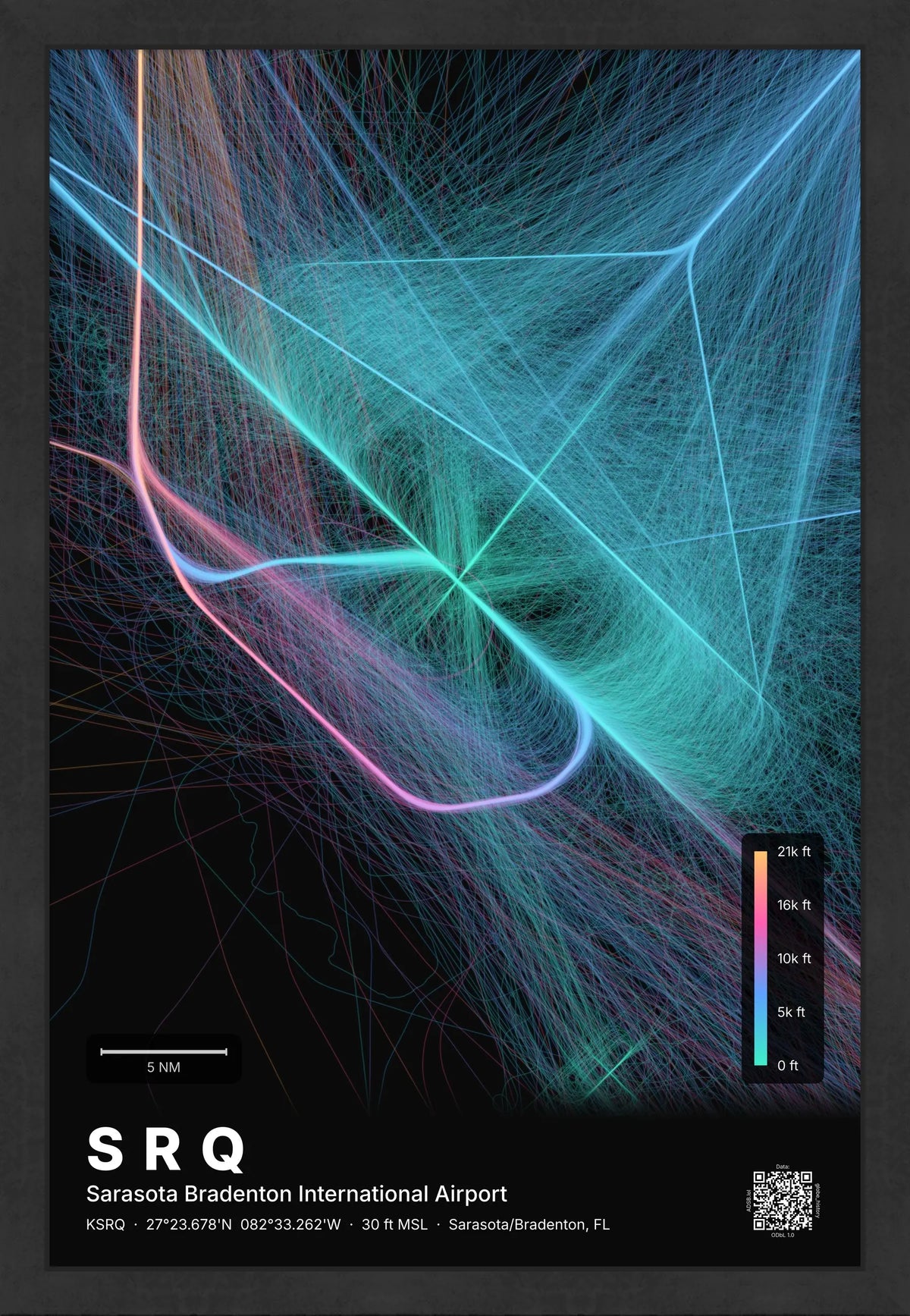 SRQ flight path print — Aurora theme · Dark [material:framed_black]