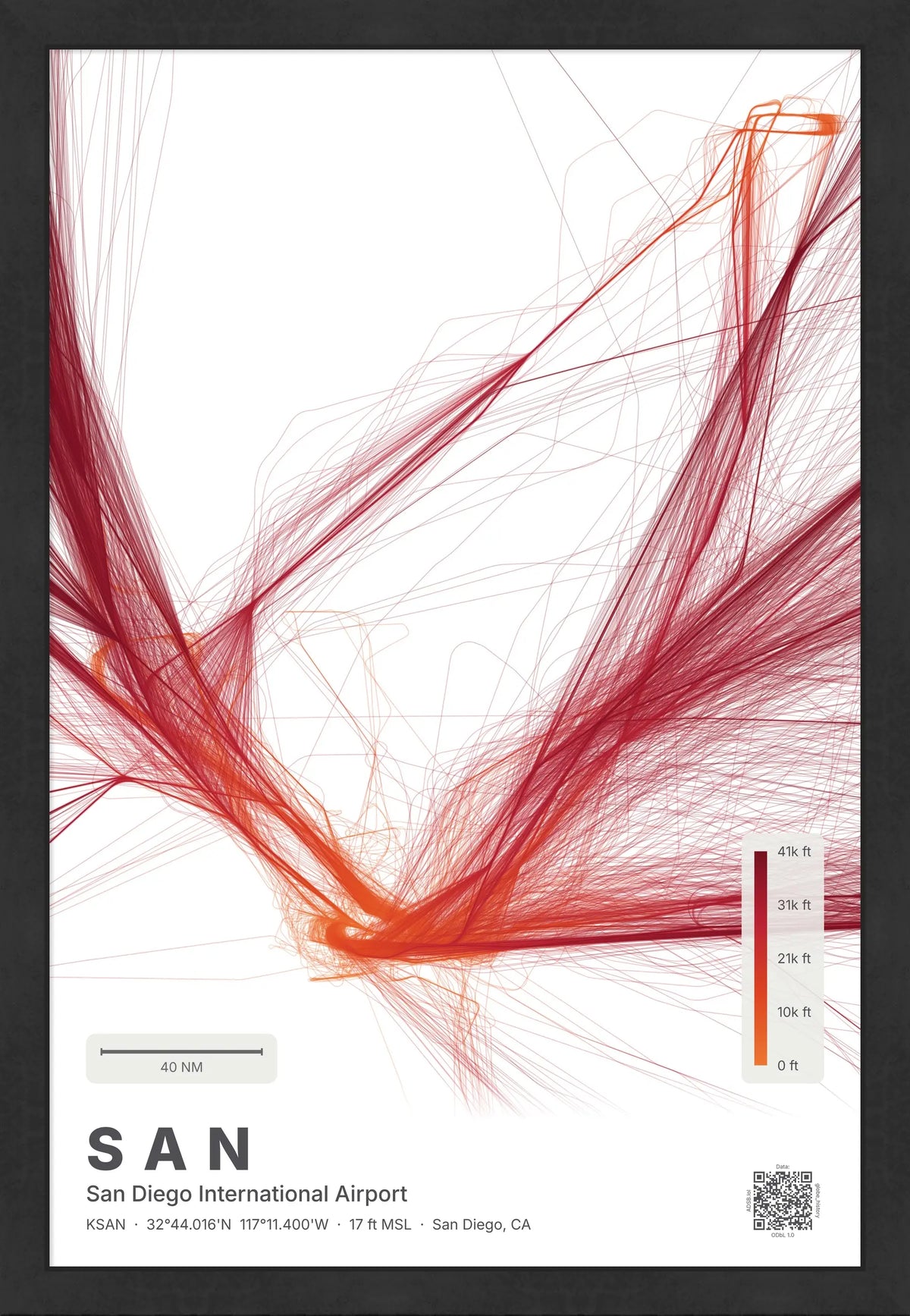 SAN flight path print — Inferno theme · Light [material:framed_black]