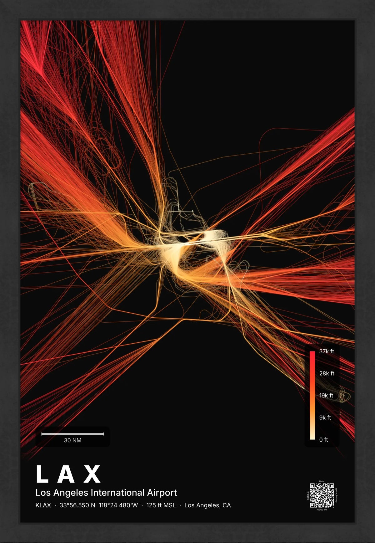 LAX flight path print — Inferno theme · Dark [material:framed_black]