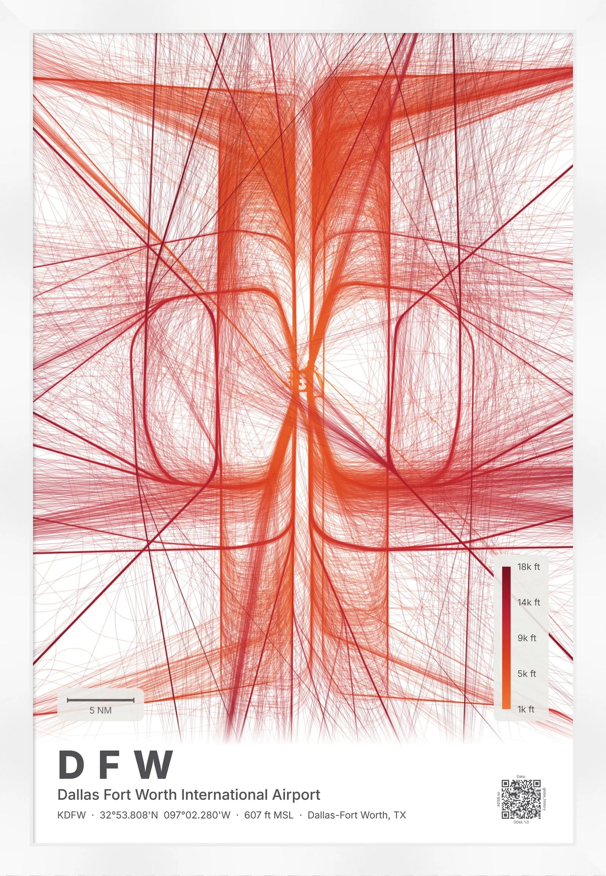 DFW flight path map — Inferno theme · Light [material:framed_white]