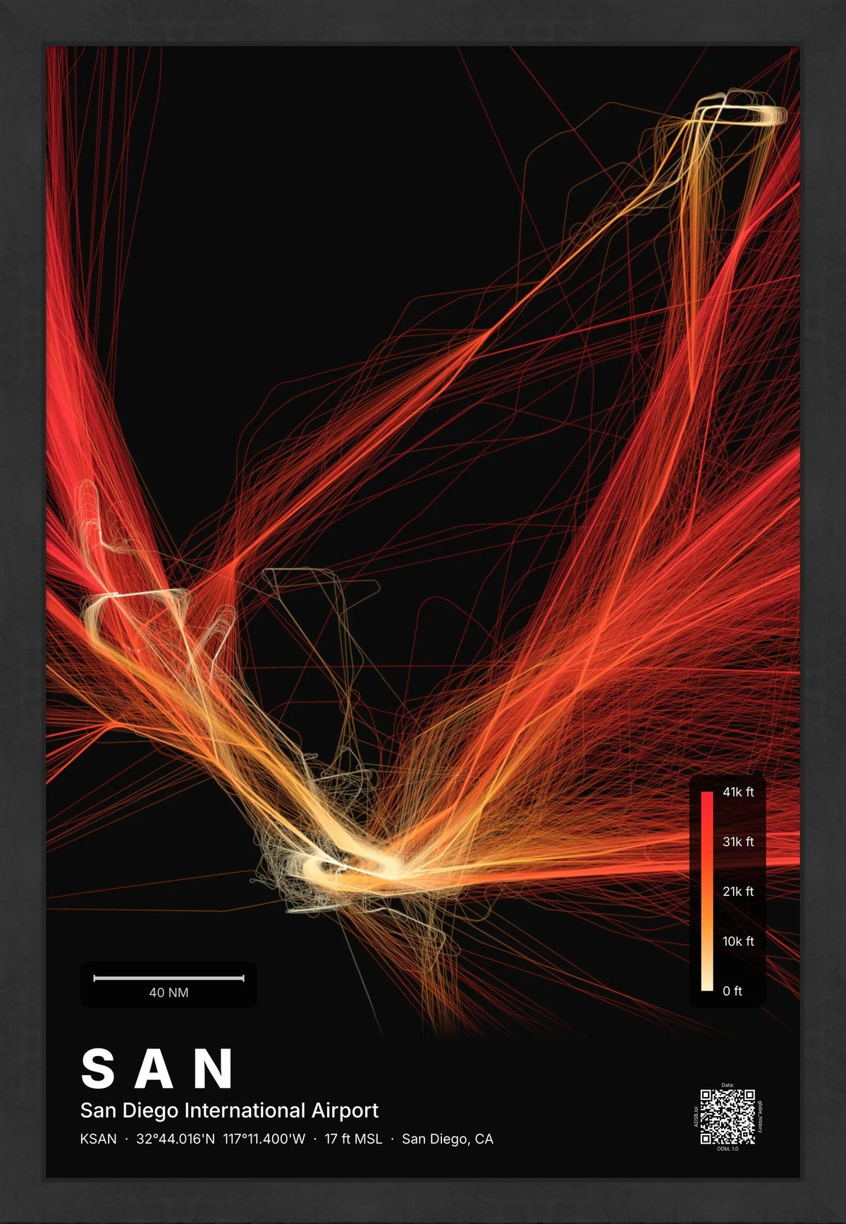 SAN flight path print — Inferno theme · Dark [material:framed_black]