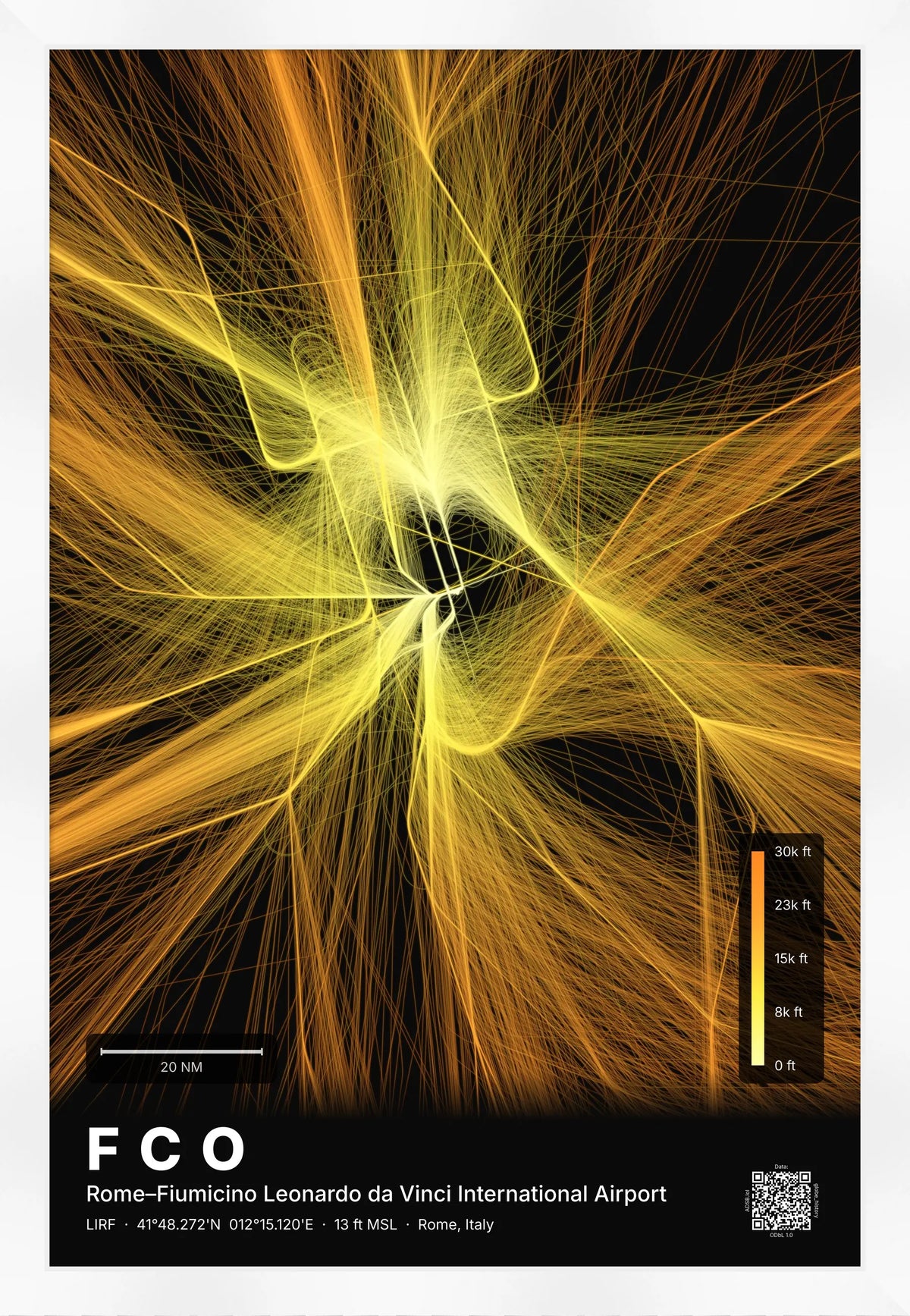 FCO flight path print — Solana theme · Dark [material:framed_white]