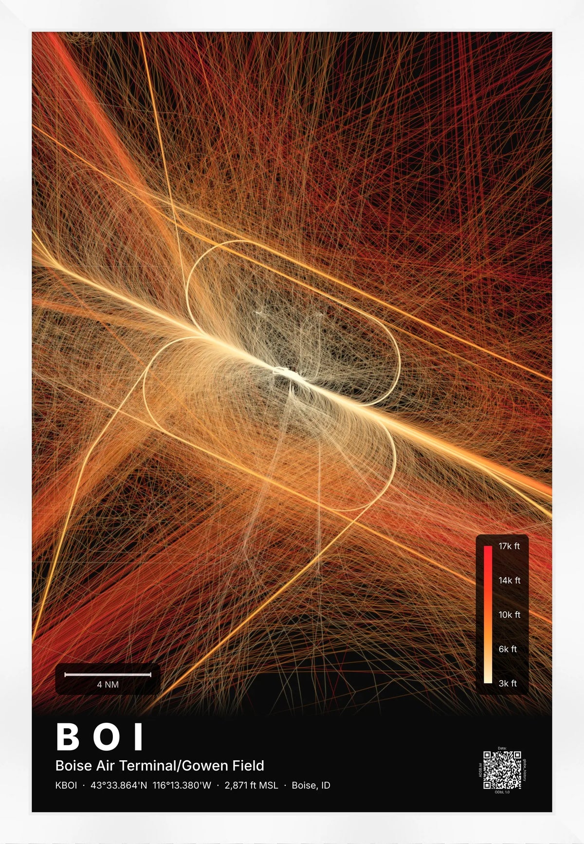 BOI flight path print — Inferno theme · Dark [material:framed_white]
