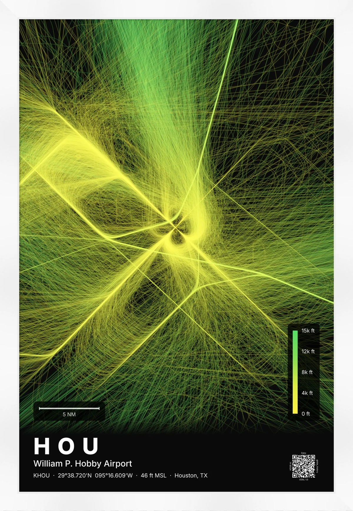 HOU flight path print — Citrus theme · Dark [material:framed_white]