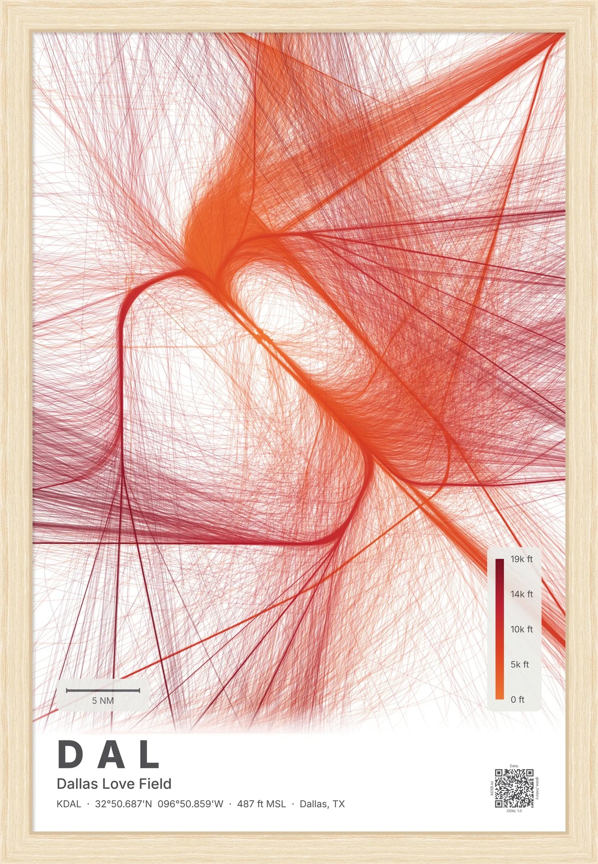 DAL flight path print — Inferno theme · Light [material:framed_natural]