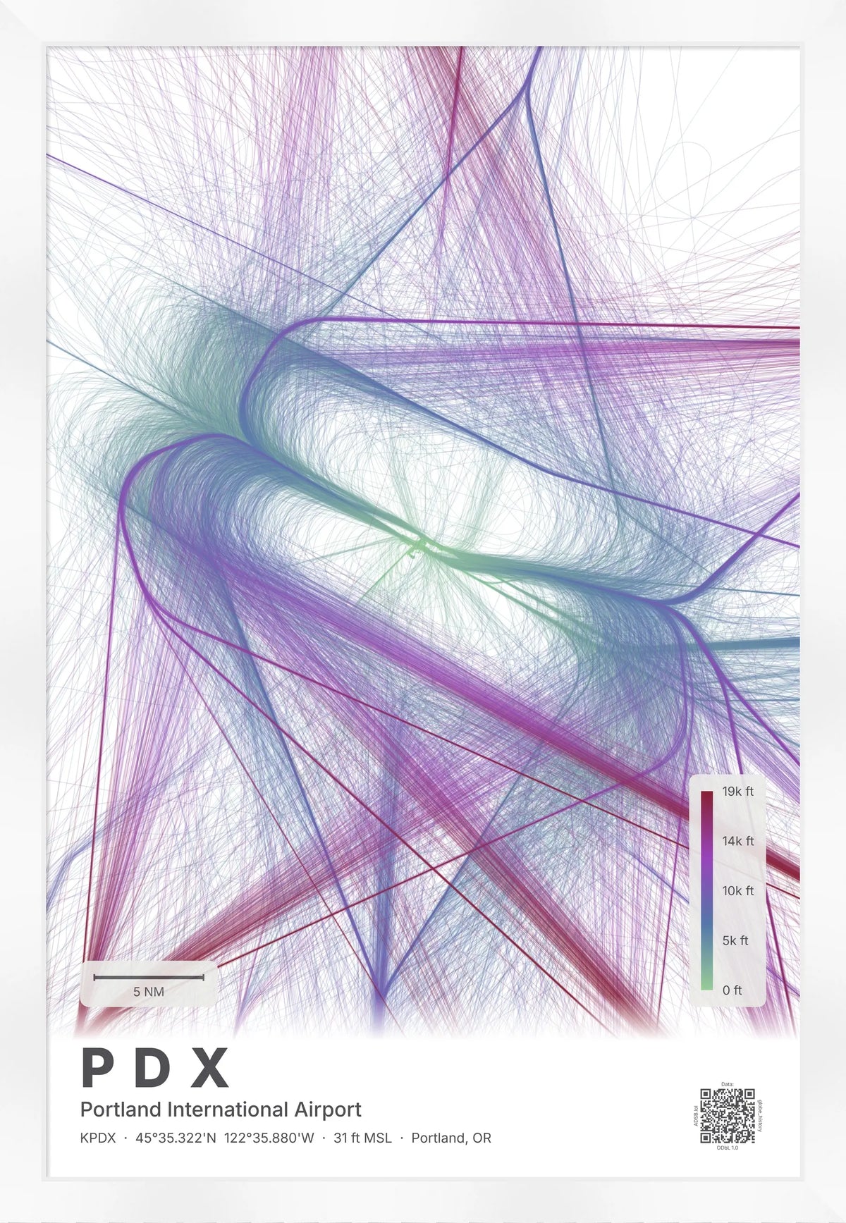 PDX flight path print — Prism theme · Light [material:framed_white]