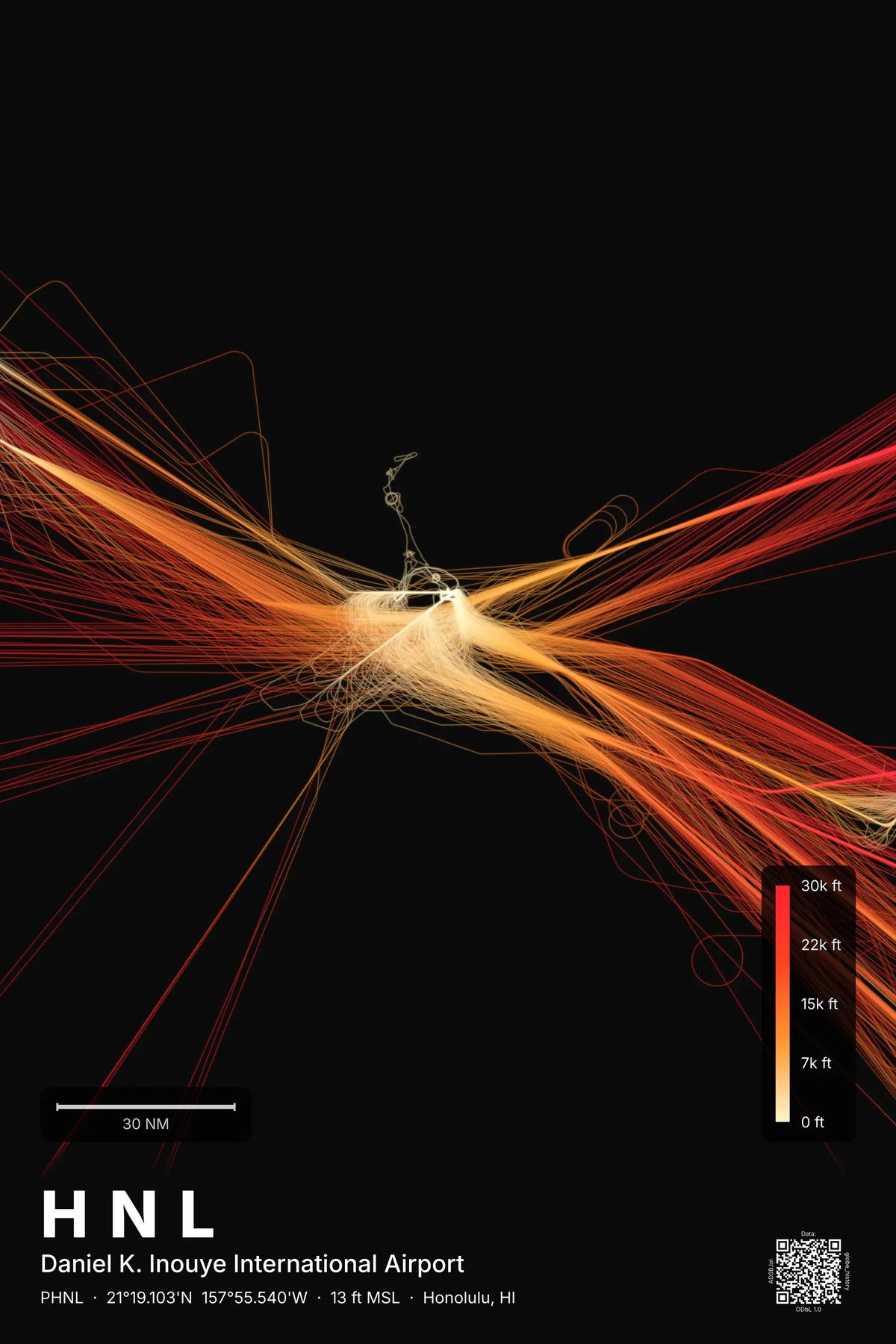 HNL flight path print — Inferno theme · Dark