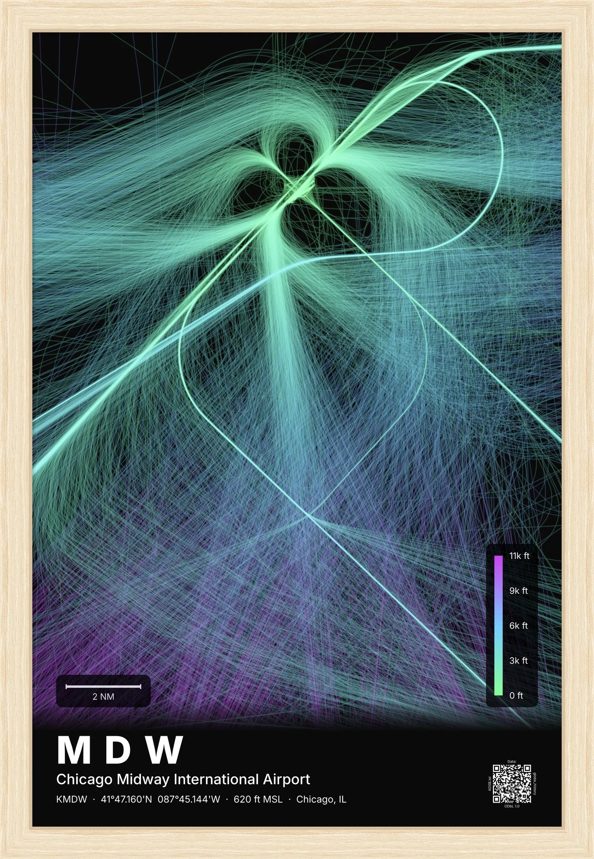 MDW flight path print — Prism theme · Dark [material:framed_natural]