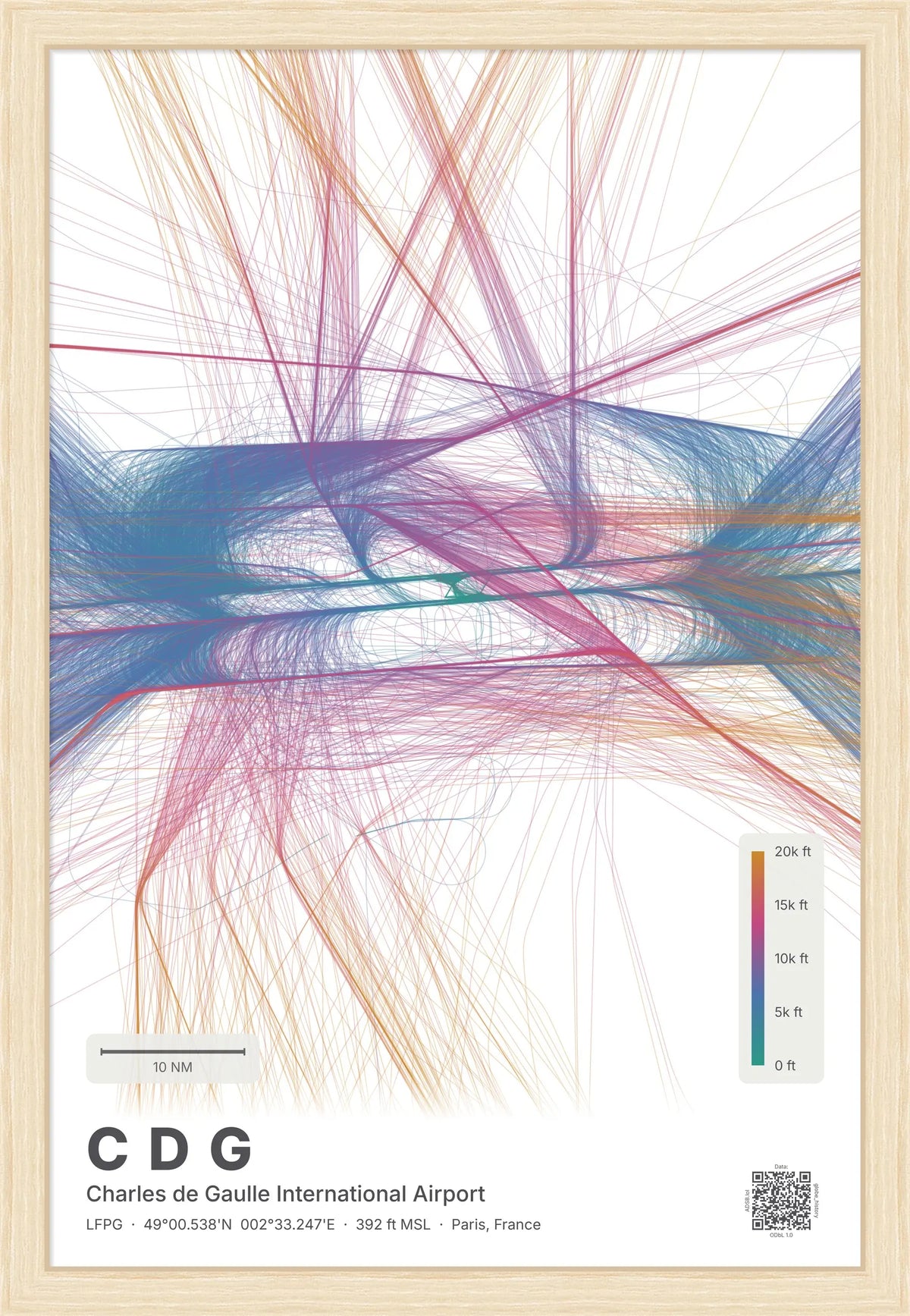 CDG flight path map — Aurora theme · Light [material:framed_natural]