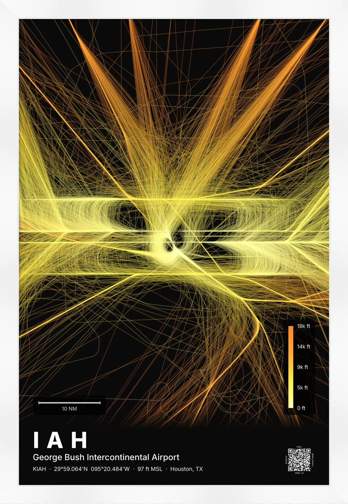 IAH flight path print — Solana theme · Dark [material:framed_white]