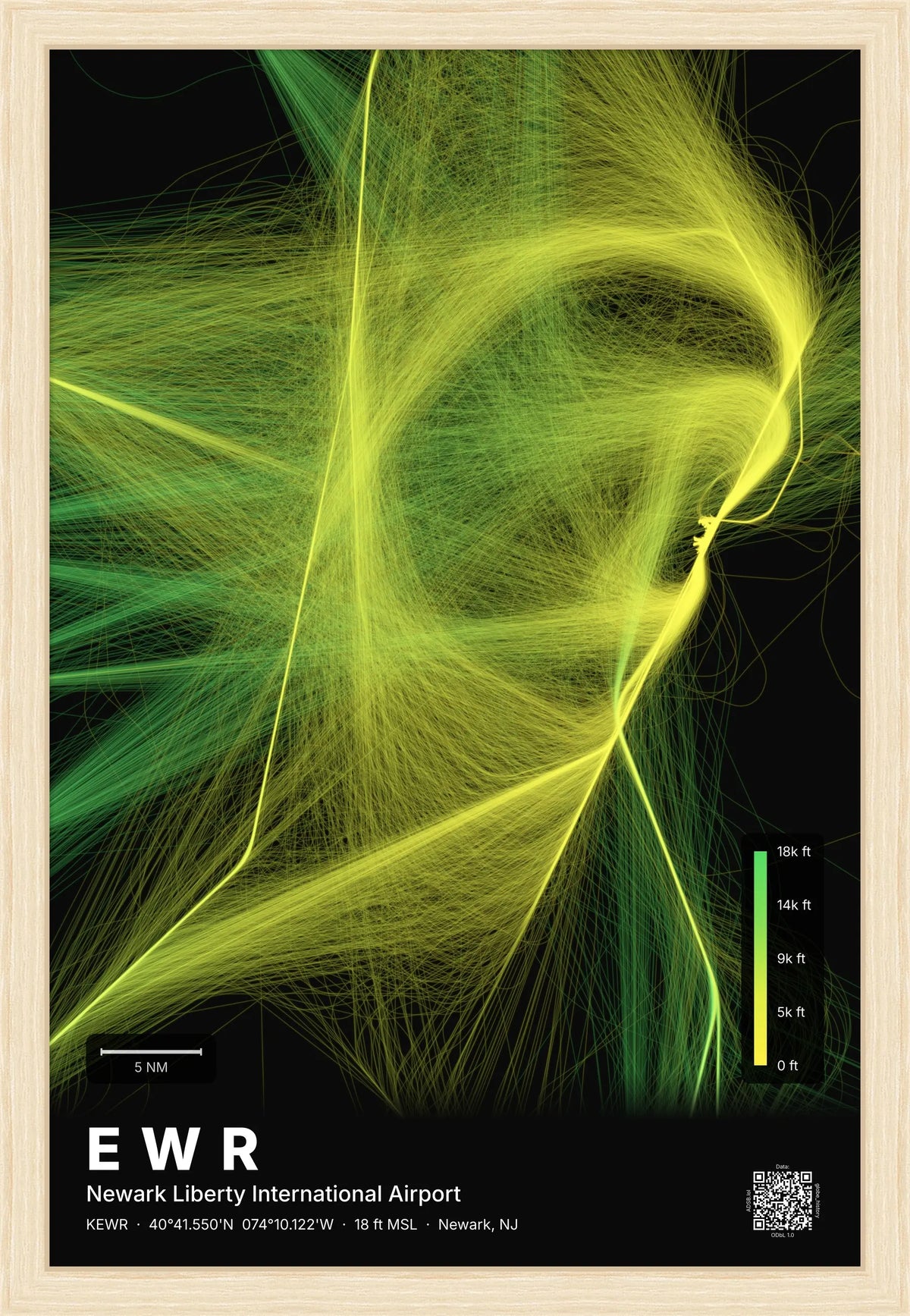 EWR flight path print — Citrus theme · Dark [material:framed_natural]