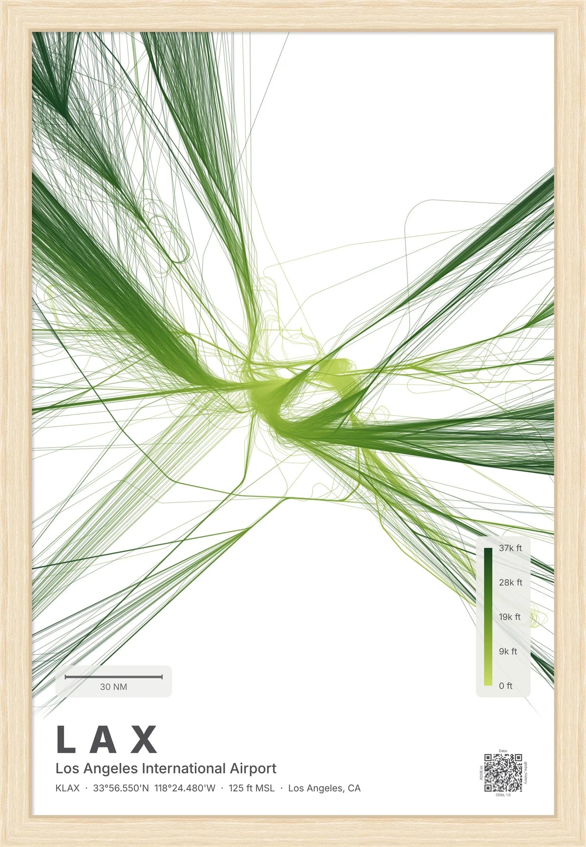LAX flight path print — Citrus theme · Light [material:framed_natural]