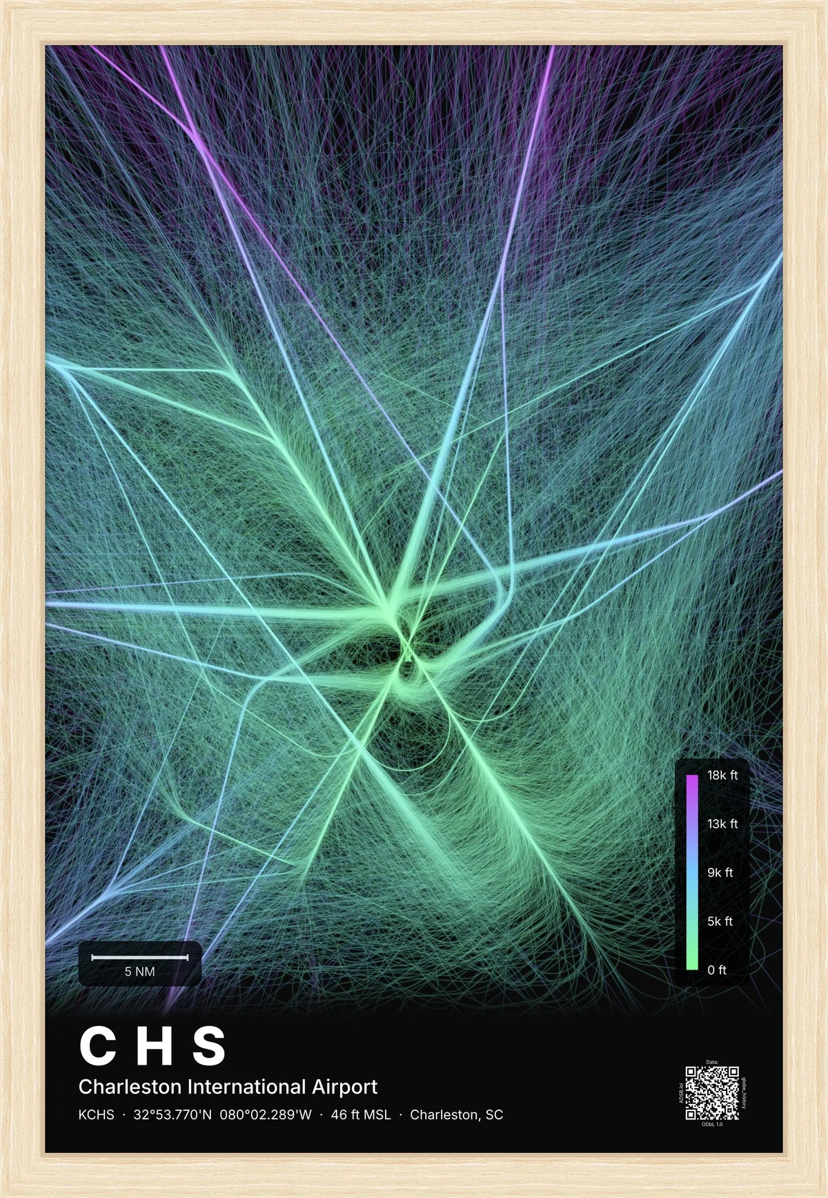CHS flight path print — Prism theme · Dark [material:framed_natural]