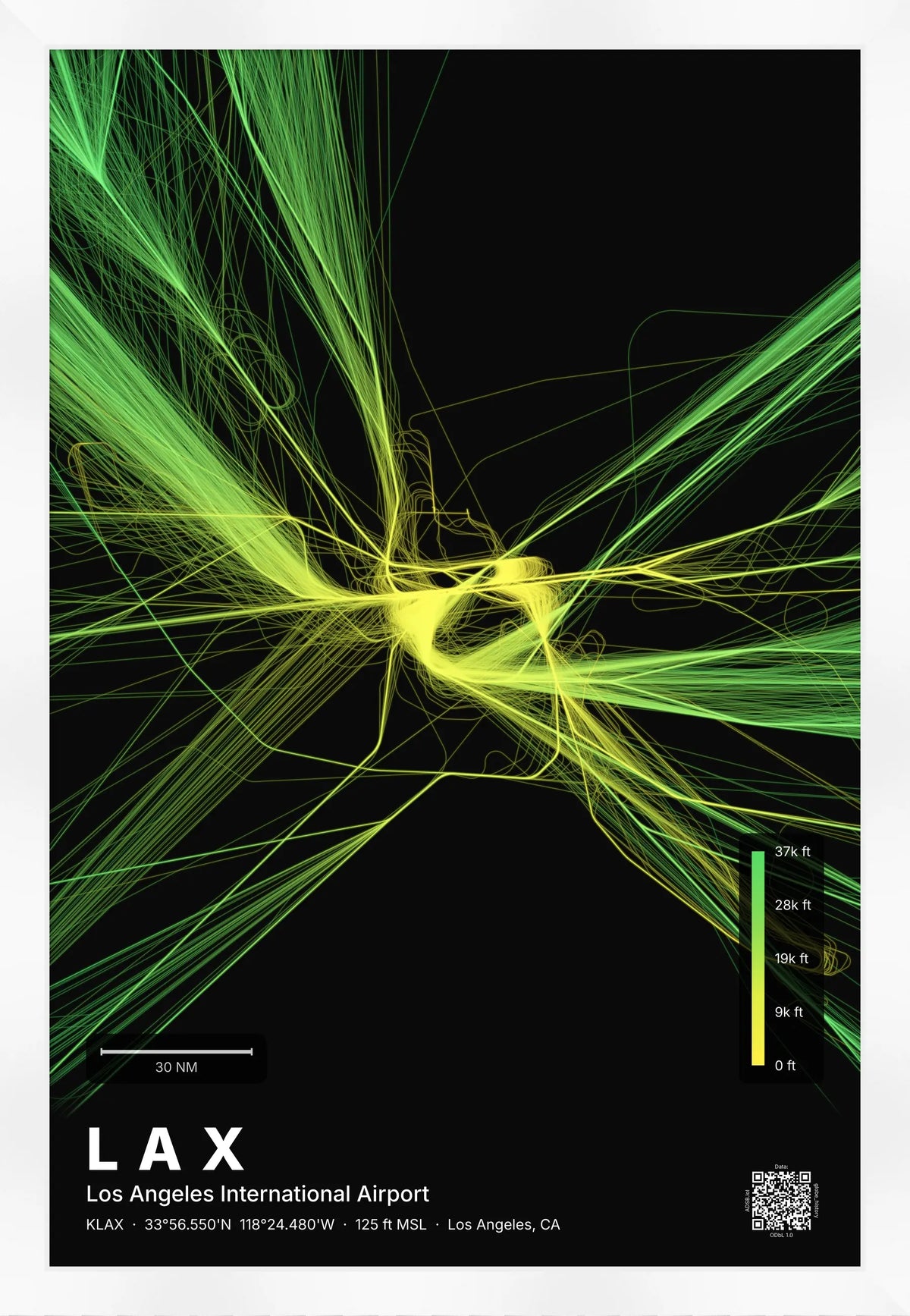 LAX flight path print — Citrus theme · Dark [material:framed_white]