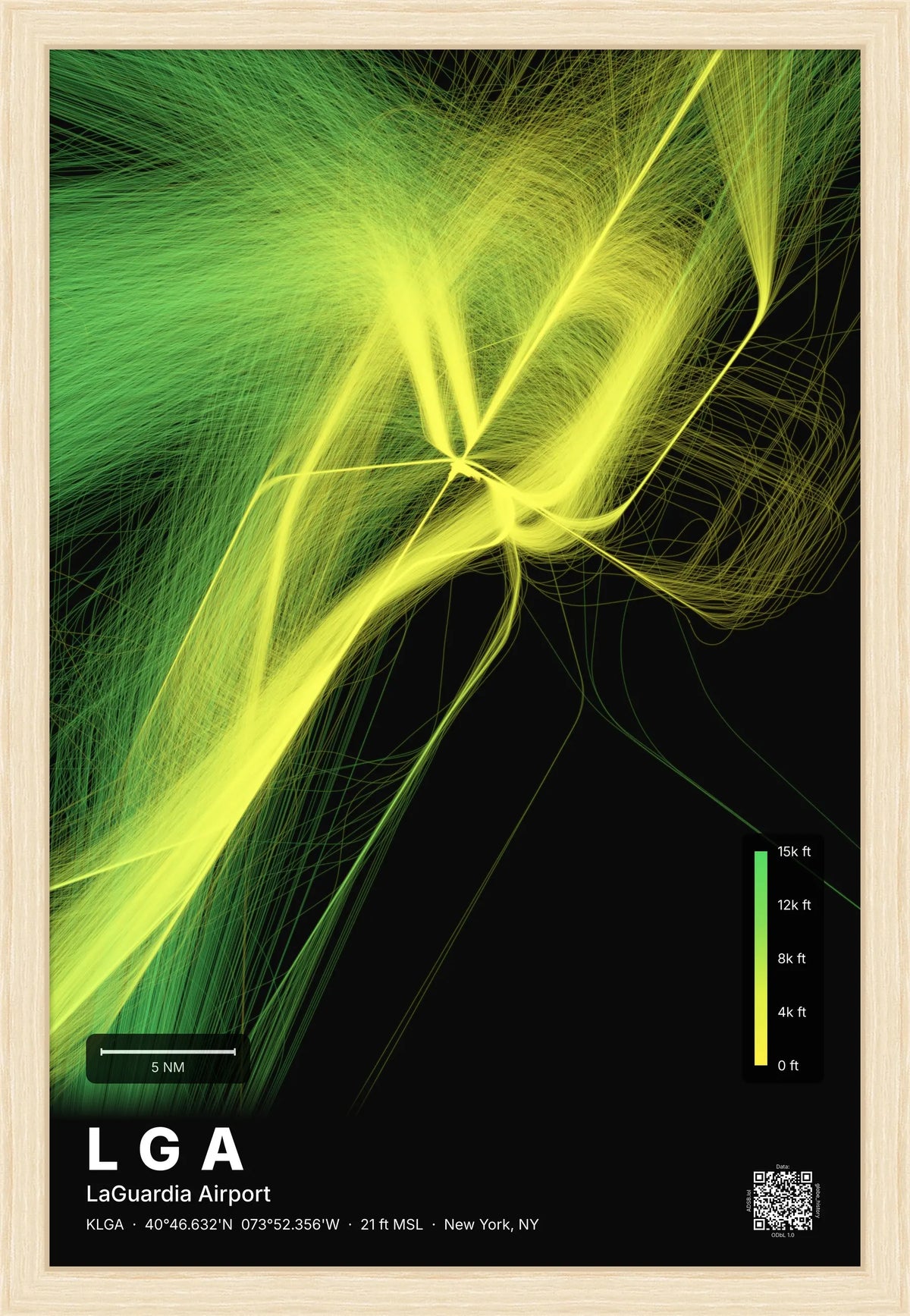 LGA flight path print — Citrus theme · Dark [material:framed_natural]