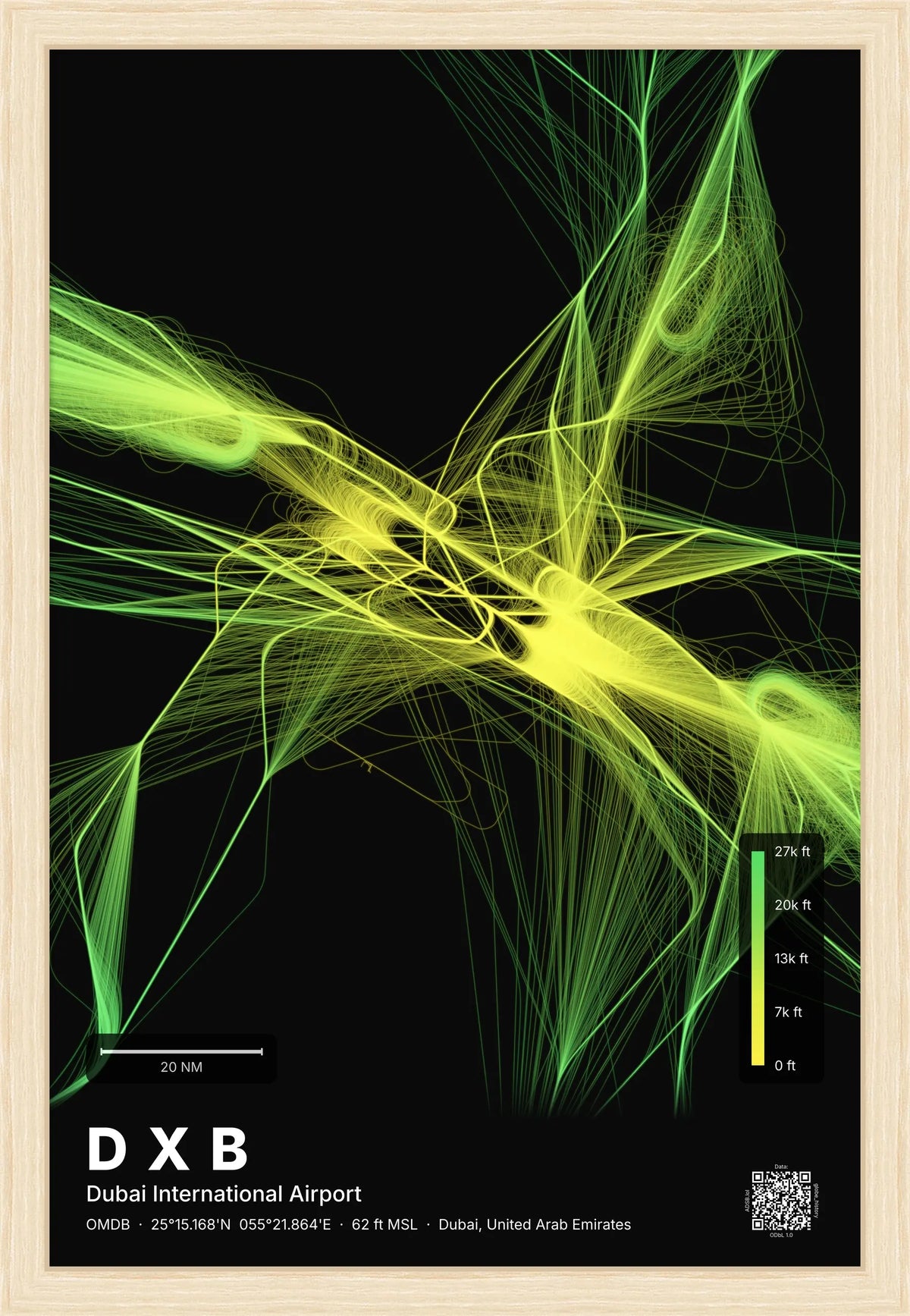 DXB flight path print — Citrus theme · Dark [material:framed_natural]