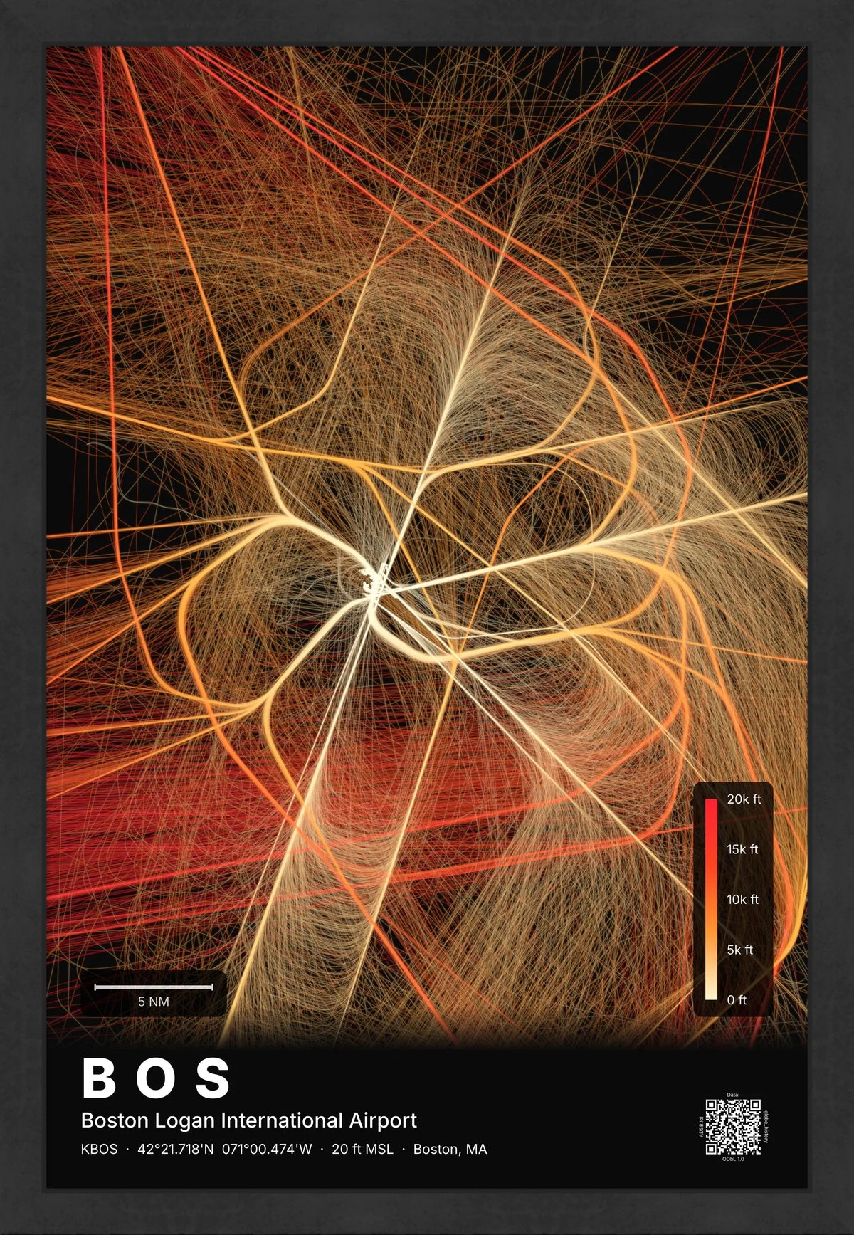 BOS flight path print — Inferno theme · Dark [material:framed_black]