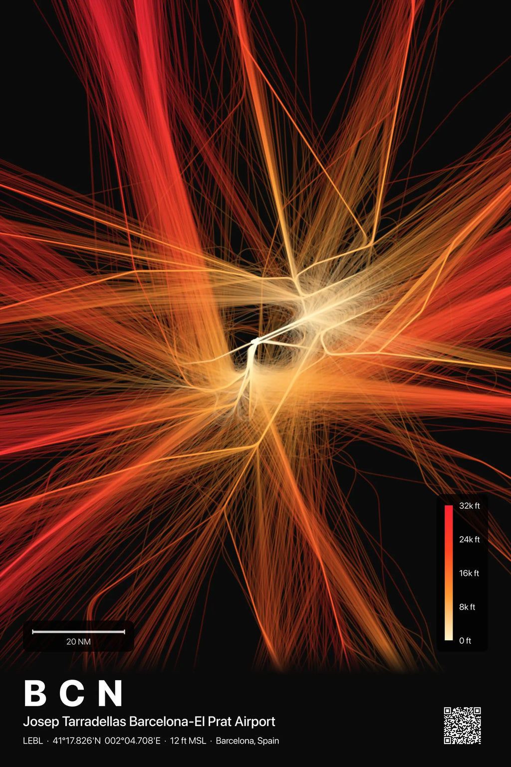 BCN flight path print — Inferno theme · Dark