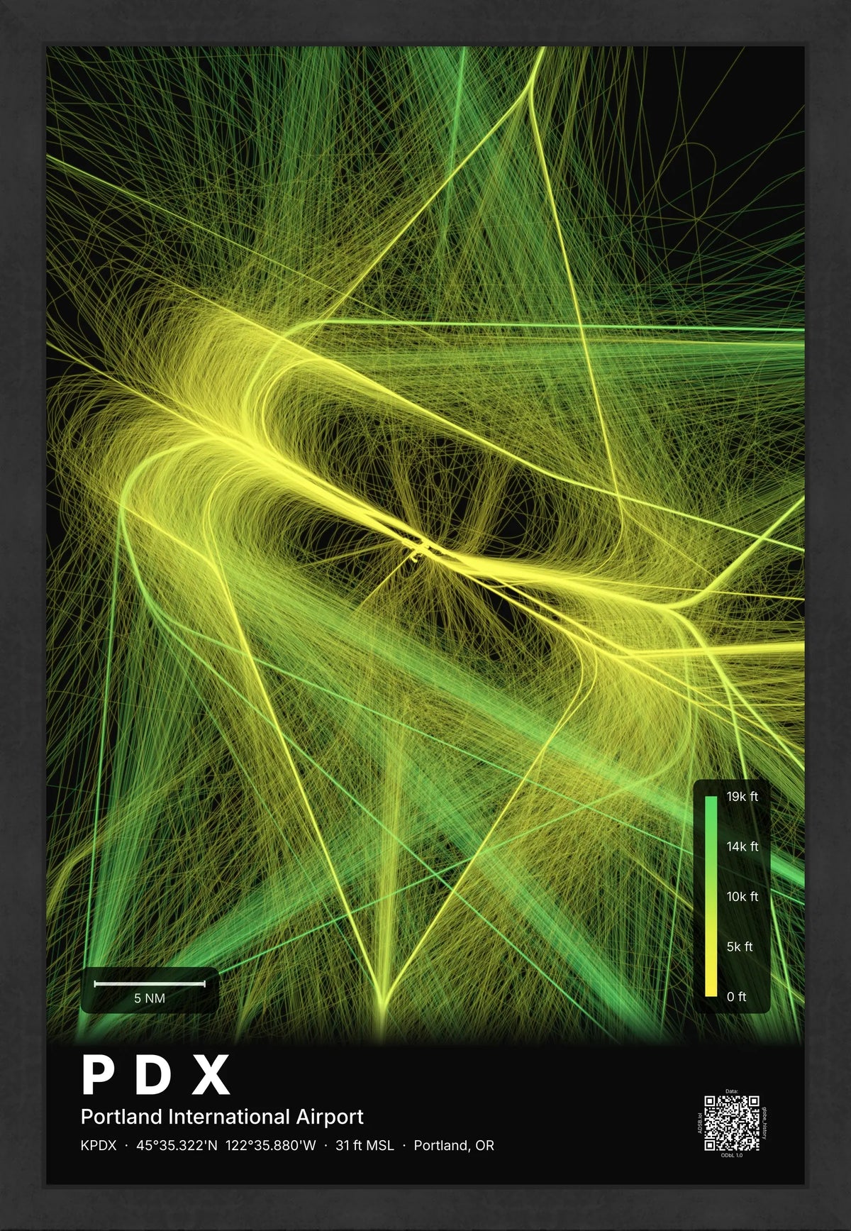 PDX flight path print — Citrus theme · Dark [material:framed_black]