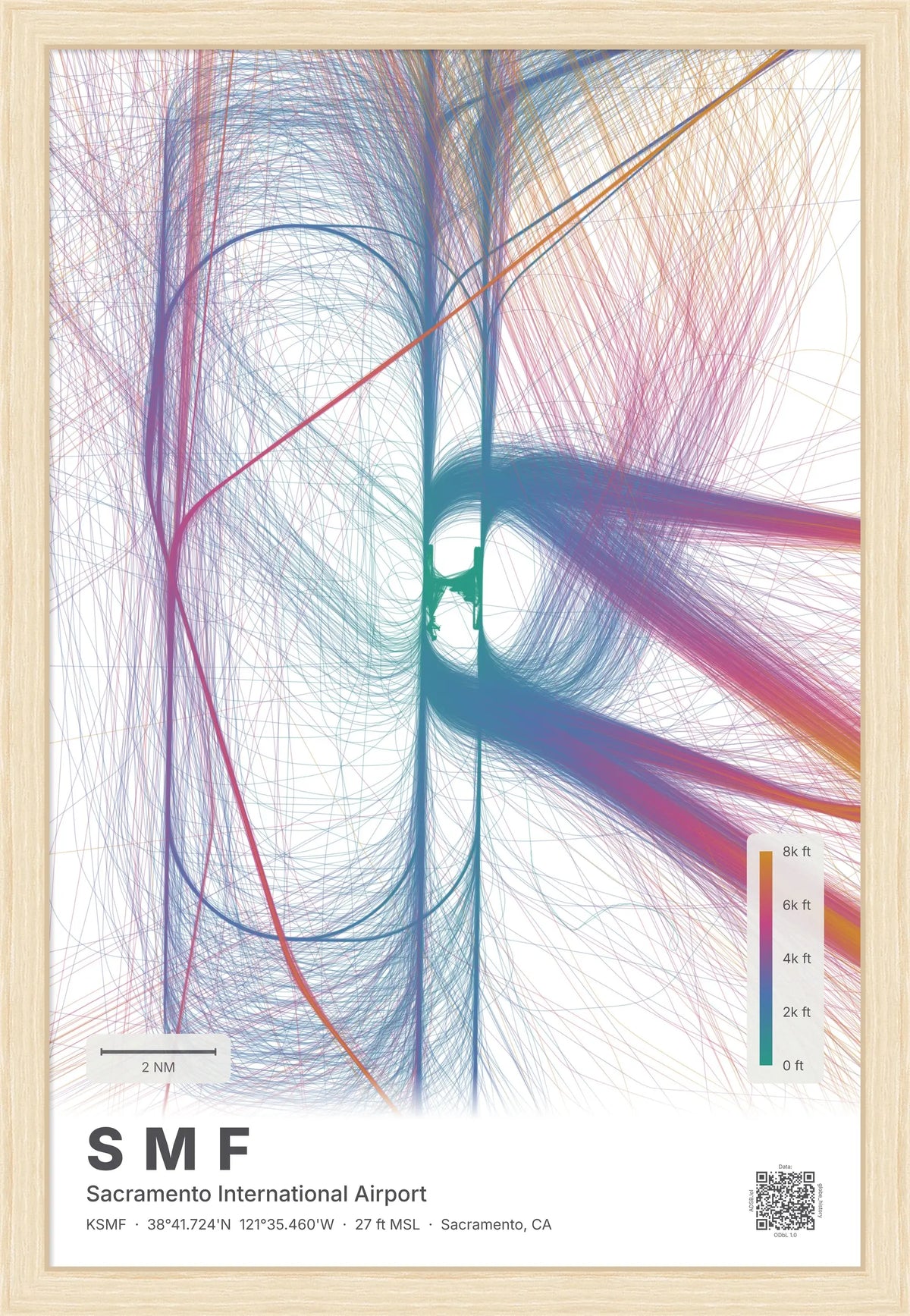 SMF flight path print — Aurora theme · Light [material:framed_natural]