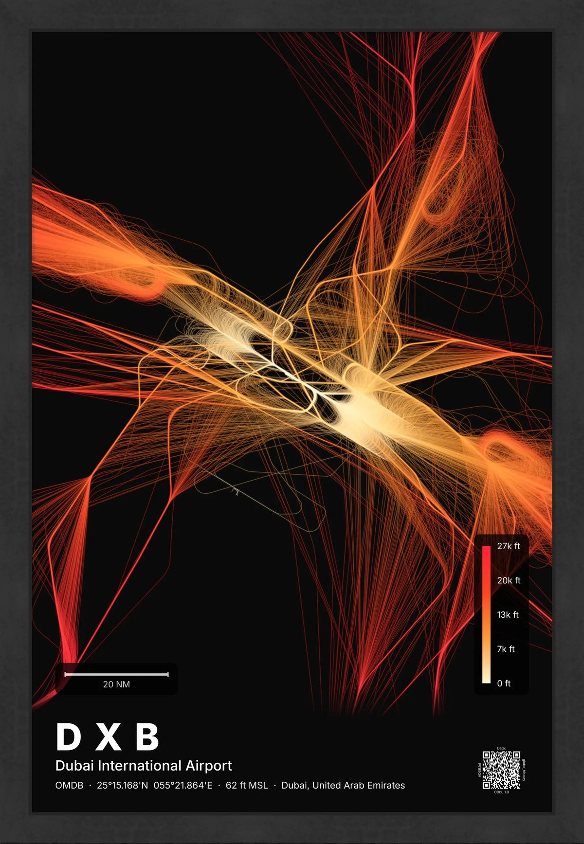 DXB flight path print — Inferno theme · Dark [material:framed_black]