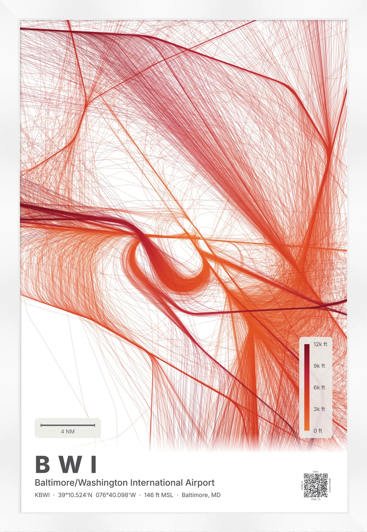 BWI flight path print — Inferno theme · Light [material:framed_white]