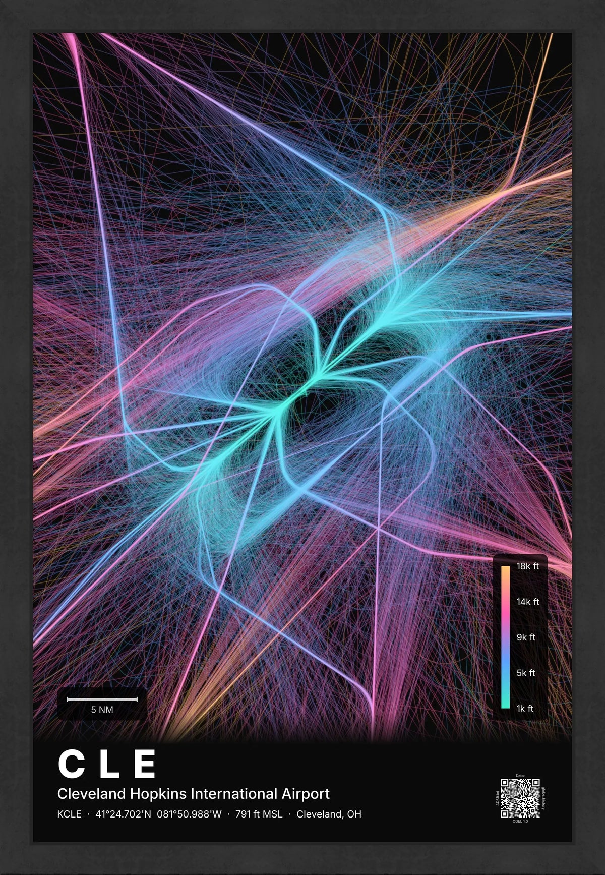 CLE flight path print — Aurora theme · Dark [material:framed_black]